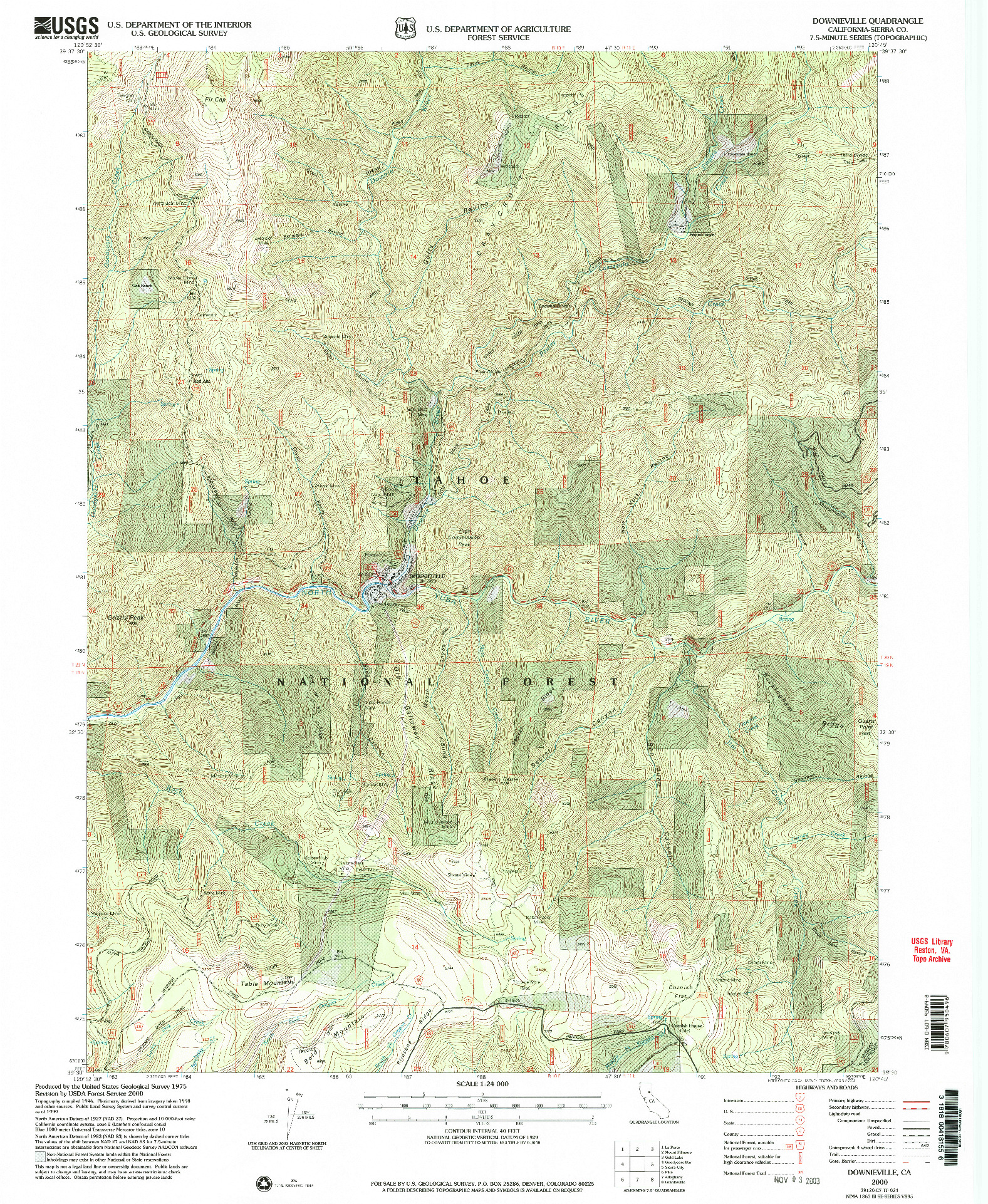 USGS 1:24000-SCALE QUADRANGLE FOR DOWNIEVILLE, CA 2000