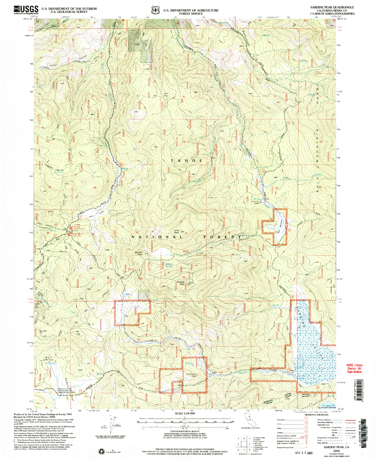 USGS 1:24000-SCALE QUADRANGLE FOR SARDINE PEAK, CA 2000