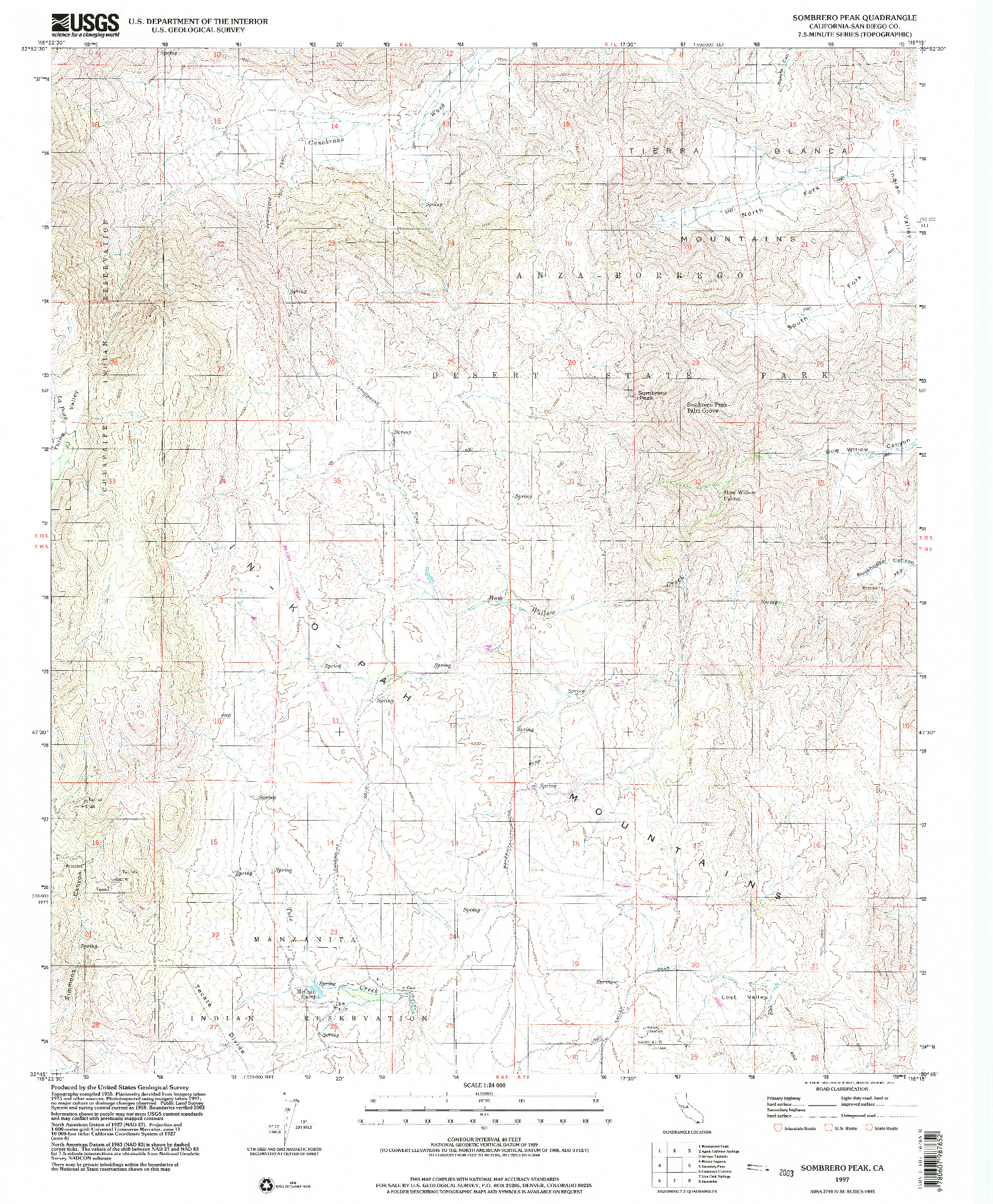 USGS 1:24000-SCALE QUADRANGLE FOR SOMBRERO PEAK, CA 1997