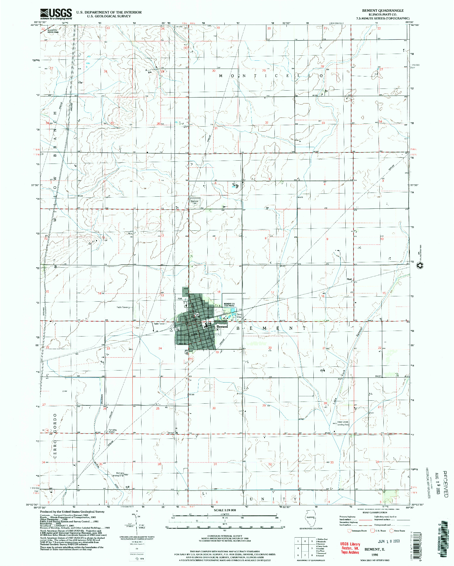 USGS 1:24000-SCALE QUADRANGLE FOR BEMENT, IL 1998
