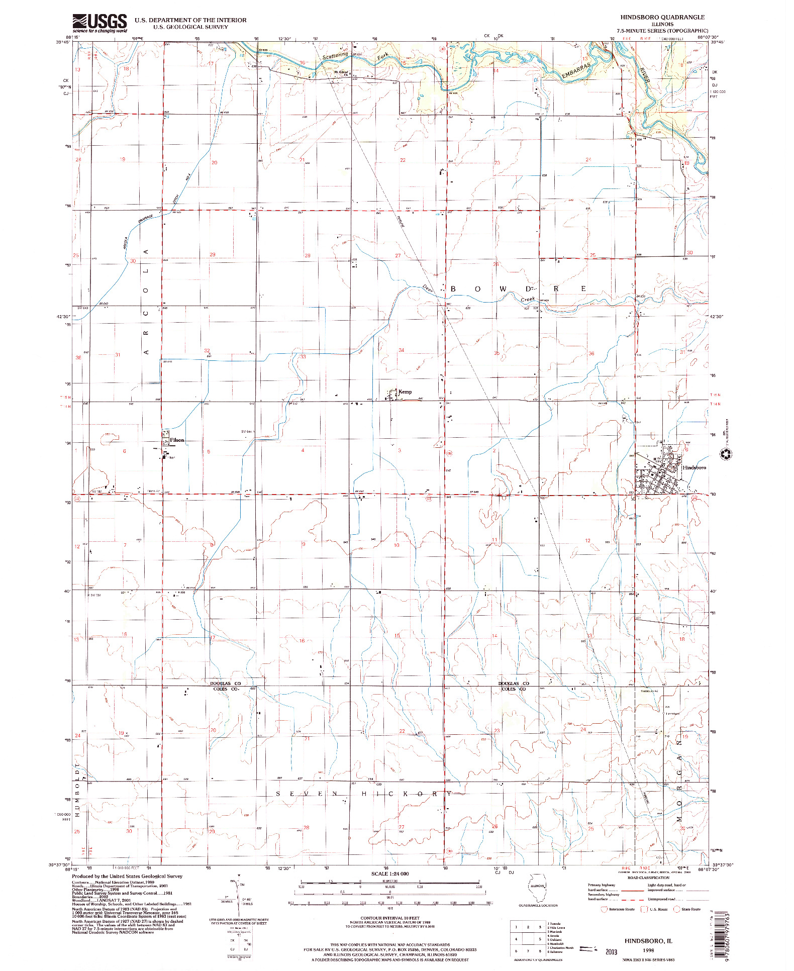 USGS 1:24000-SCALE QUADRANGLE FOR HINDSBORO, IL 1998