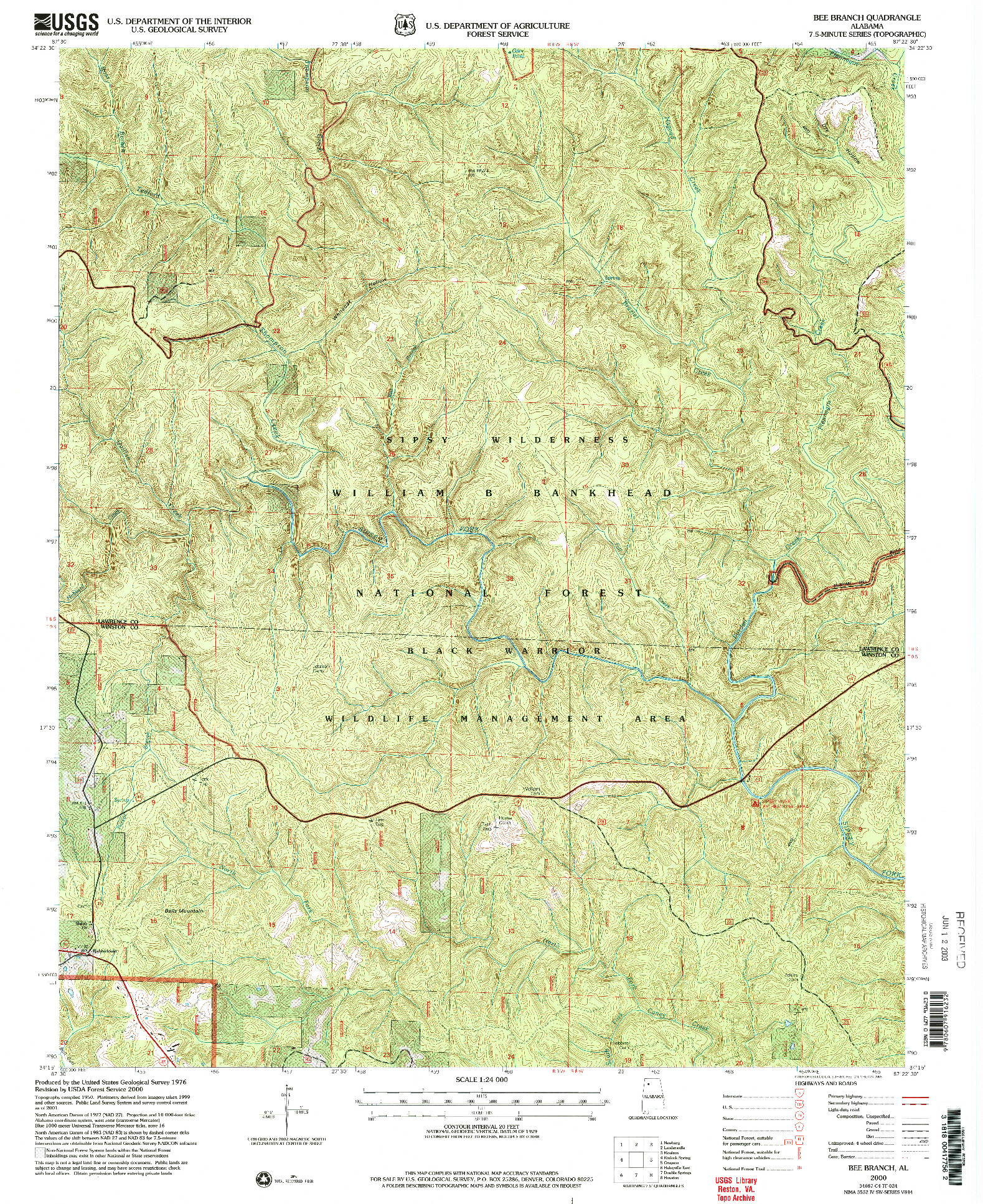 USGS 1:24000-SCALE QUADRANGLE FOR BEE BRANCH, AL 2000