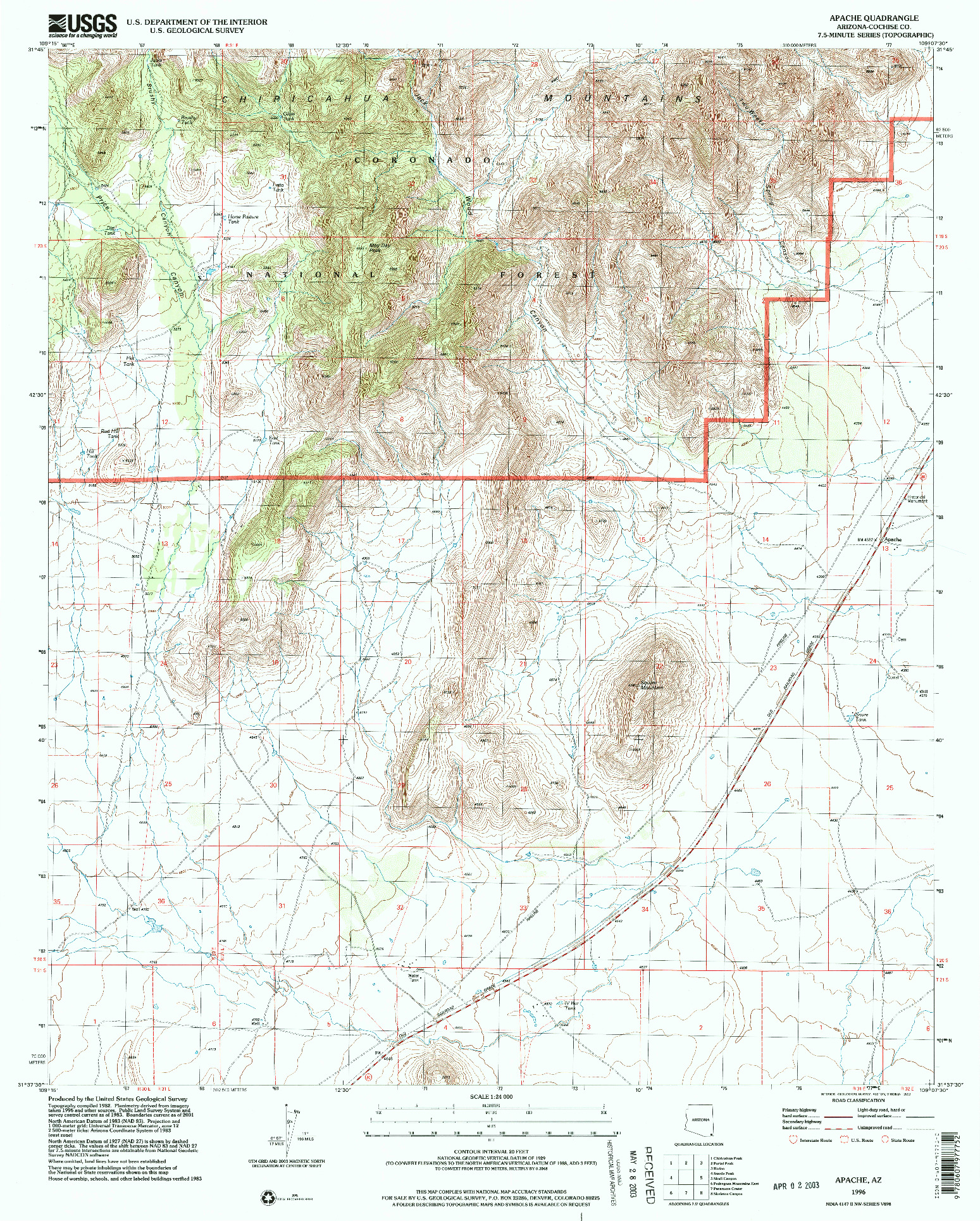 USGS 1:24000-SCALE QUADRANGLE FOR APACHE, AZ 1996
