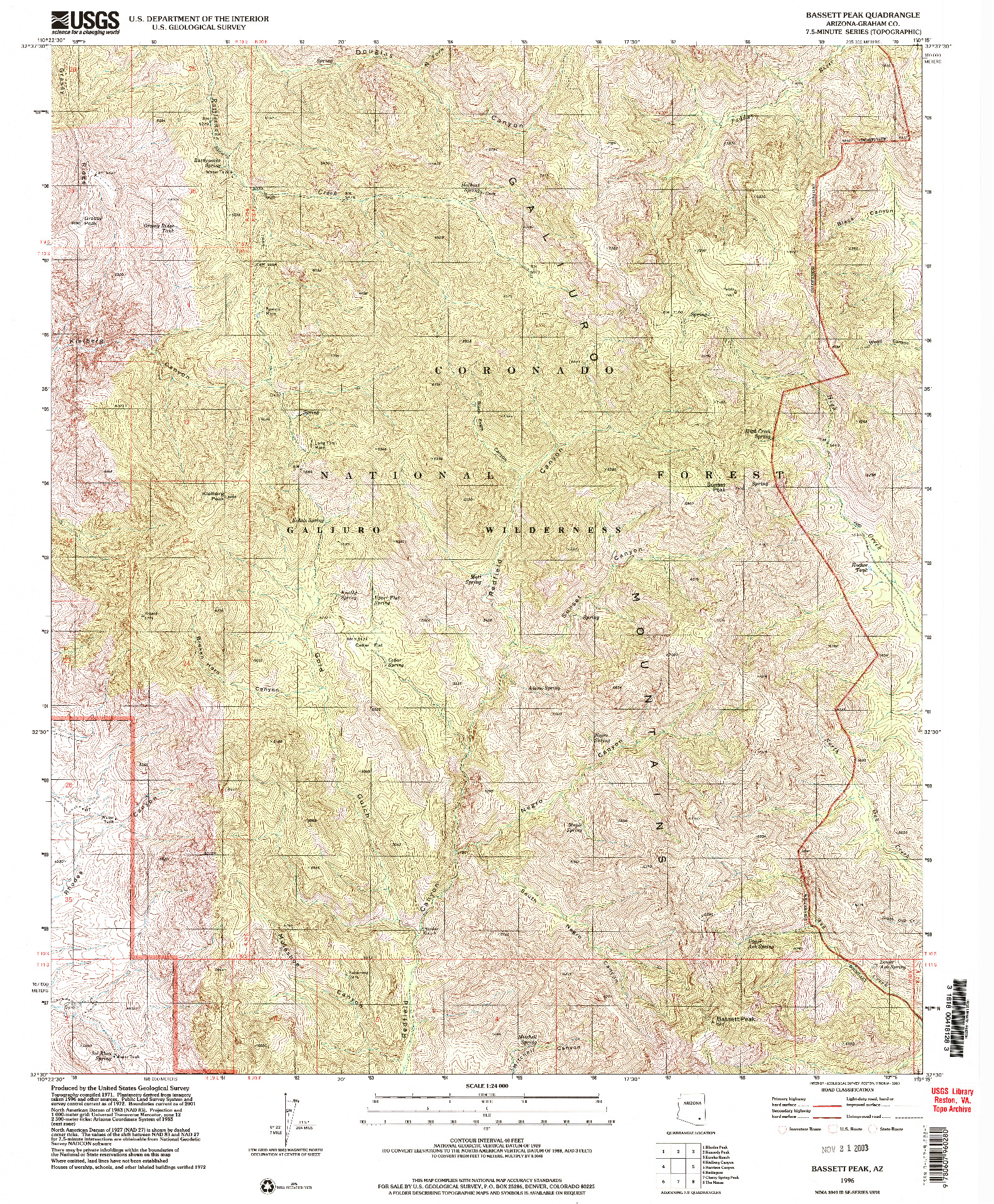 USGS 1:24000-SCALE QUADRANGLE FOR BASSETT PEAK, AZ 1996