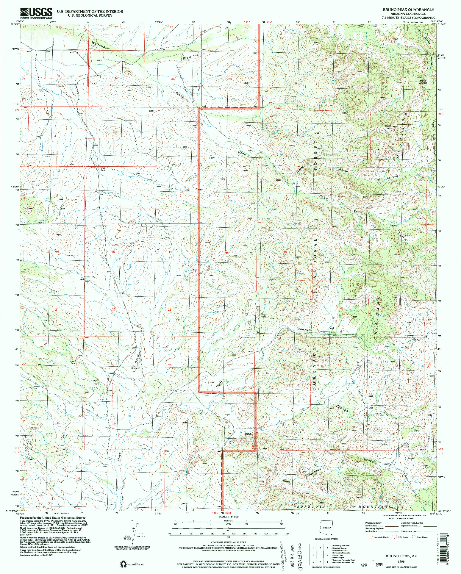USGS 1:24000-SCALE QUADRANGLE FOR BRUNO PEAK, AZ 1996
