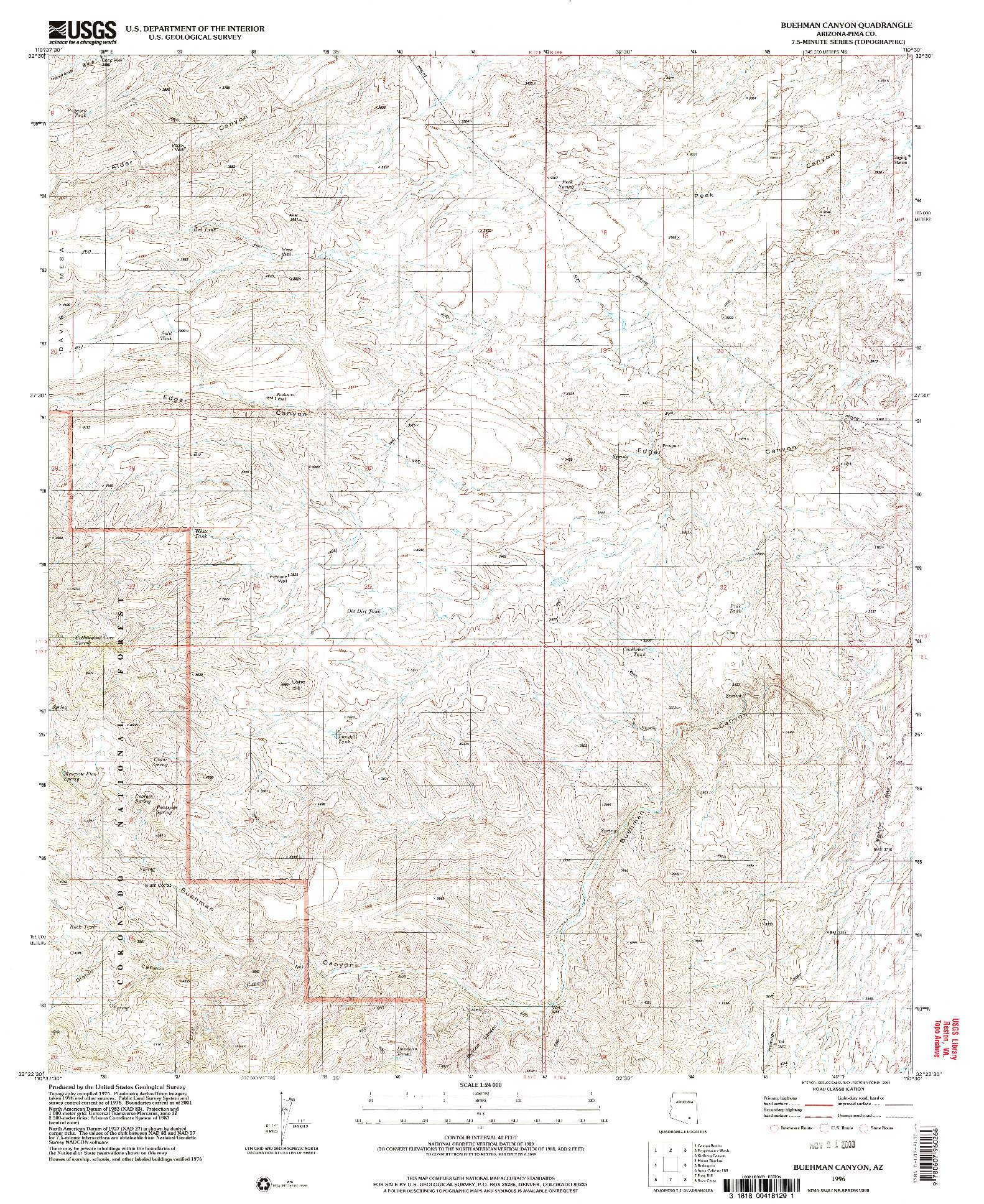 USGS 1:24000-SCALE QUADRANGLE FOR BUEHMAN CANYON, AZ 1996