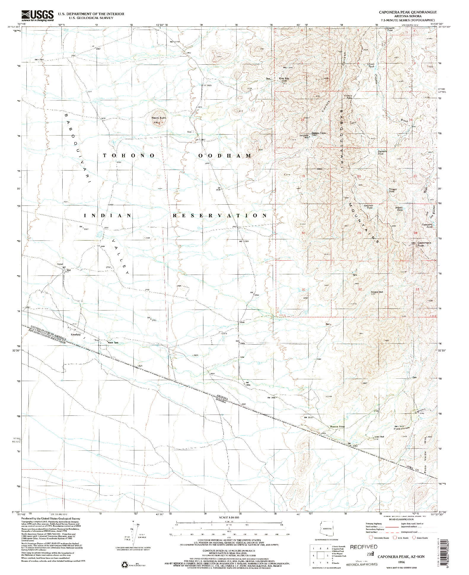 USGS 1:24000-SCALE QUADRANGLE FOR CAPONERA PEAK, AZ 1996