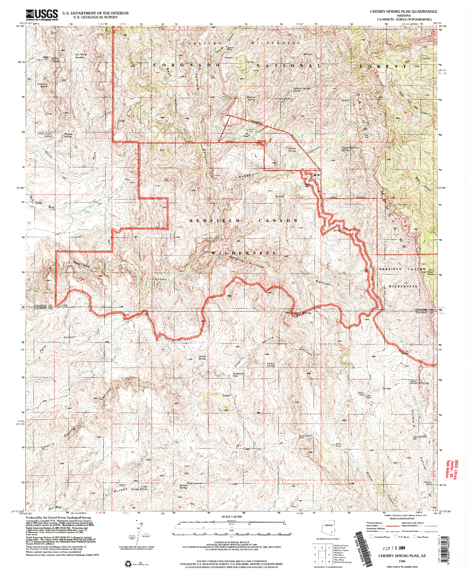 USGS 1:24000-SCALE QUADRANGLE FOR CHERRY SPRING PEAK, AZ 1996