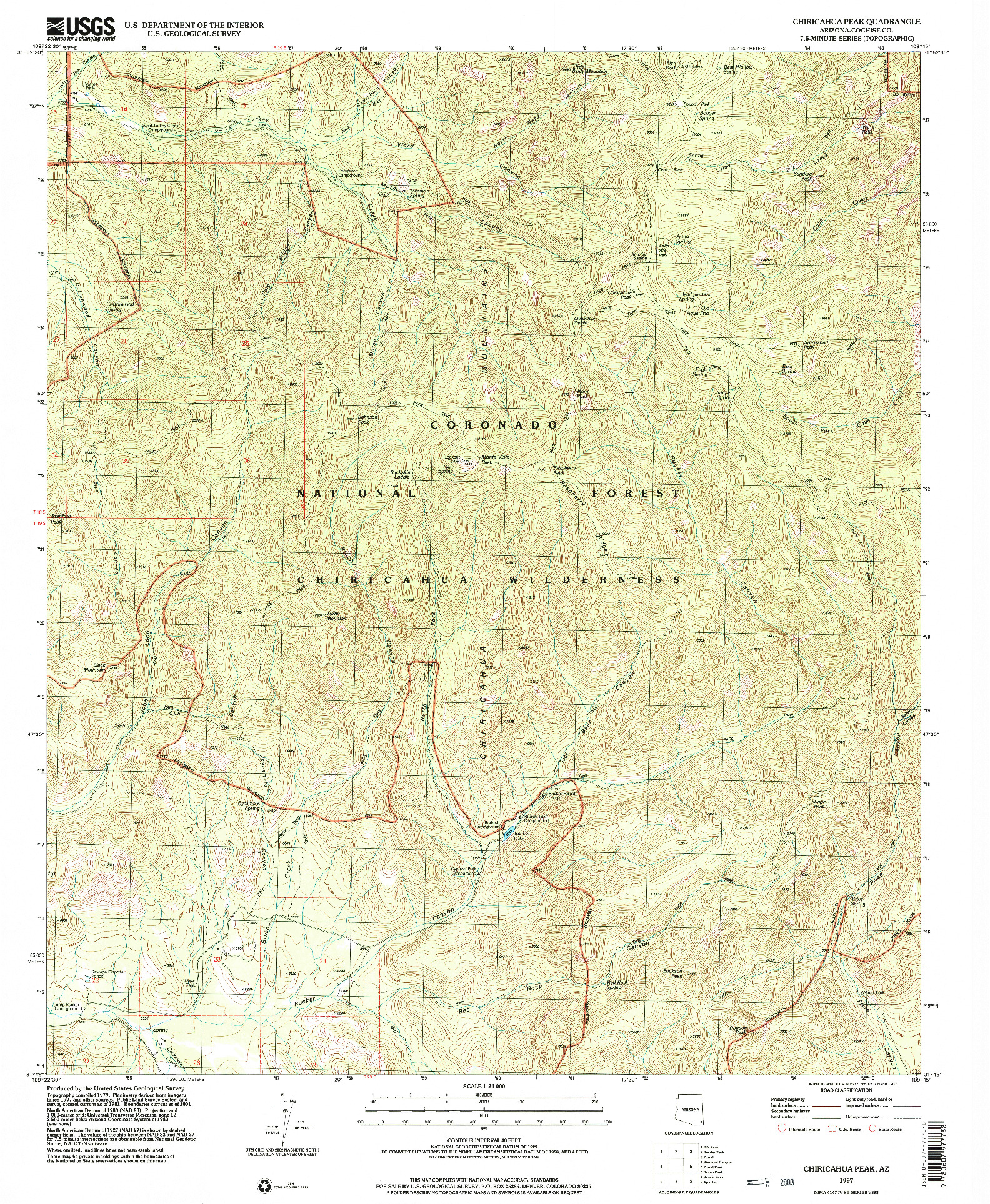 USGS 1:24000-SCALE QUADRANGLE FOR CHIRICAHUA PEAK, AZ 1997