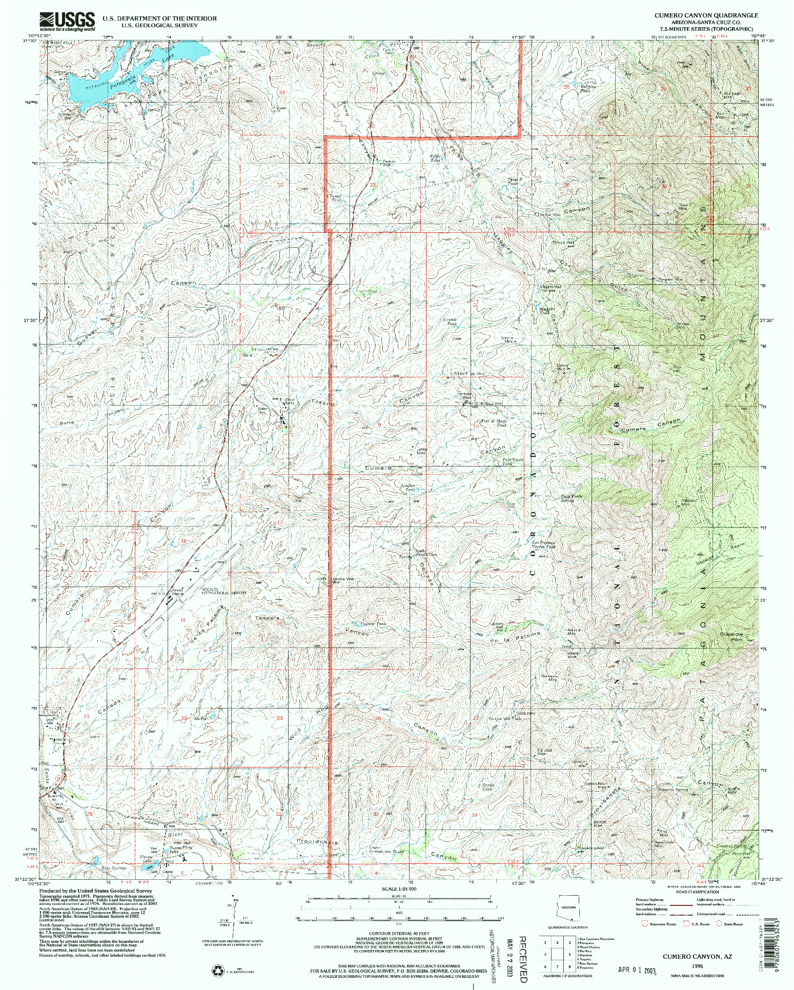 USGS 1:24000-SCALE QUADRANGLE FOR CUMERO CANYON, AZ 1996