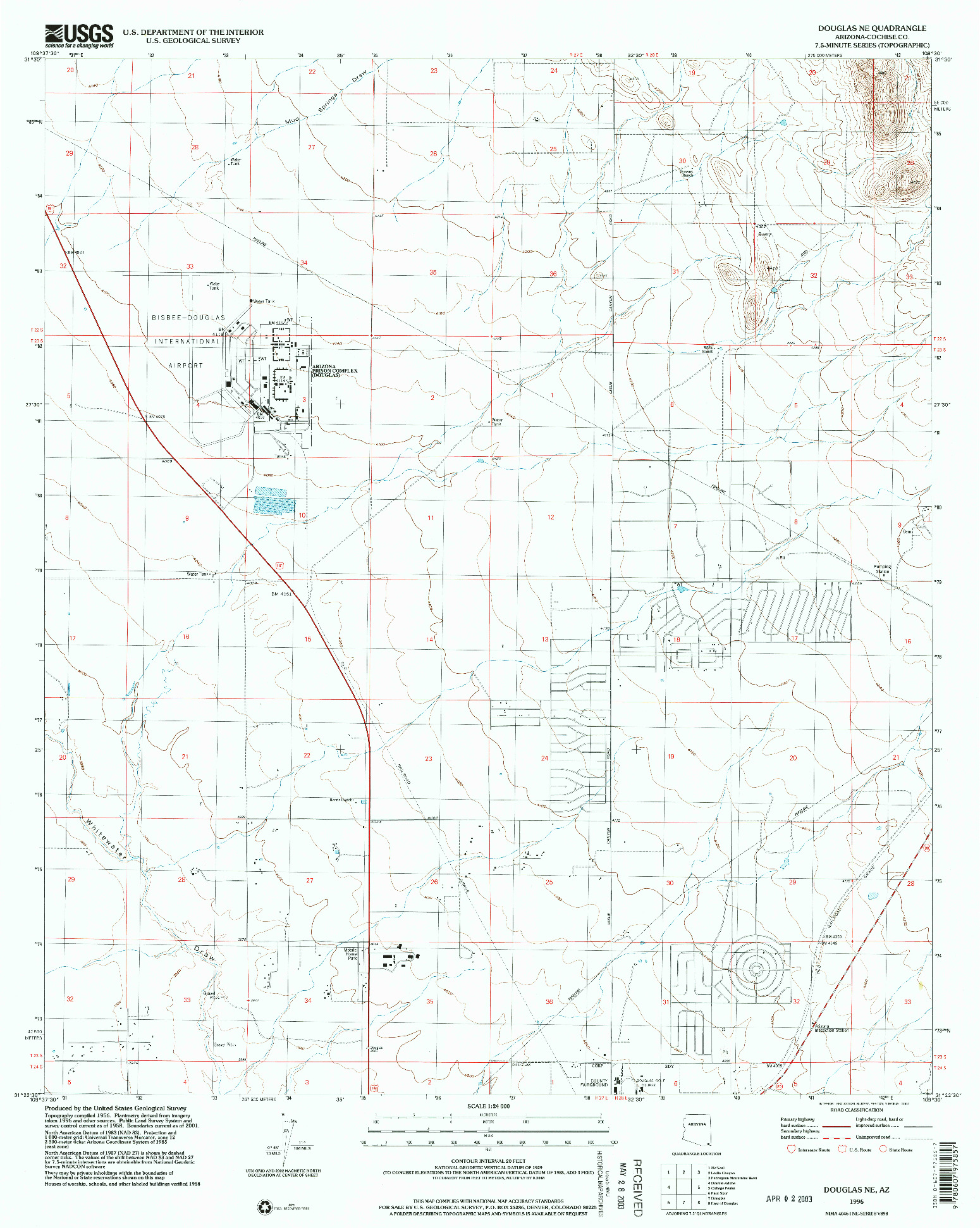 USGS 1:24000-SCALE QUADRANGLE FOR DOUGLAS NE, AZ 1996