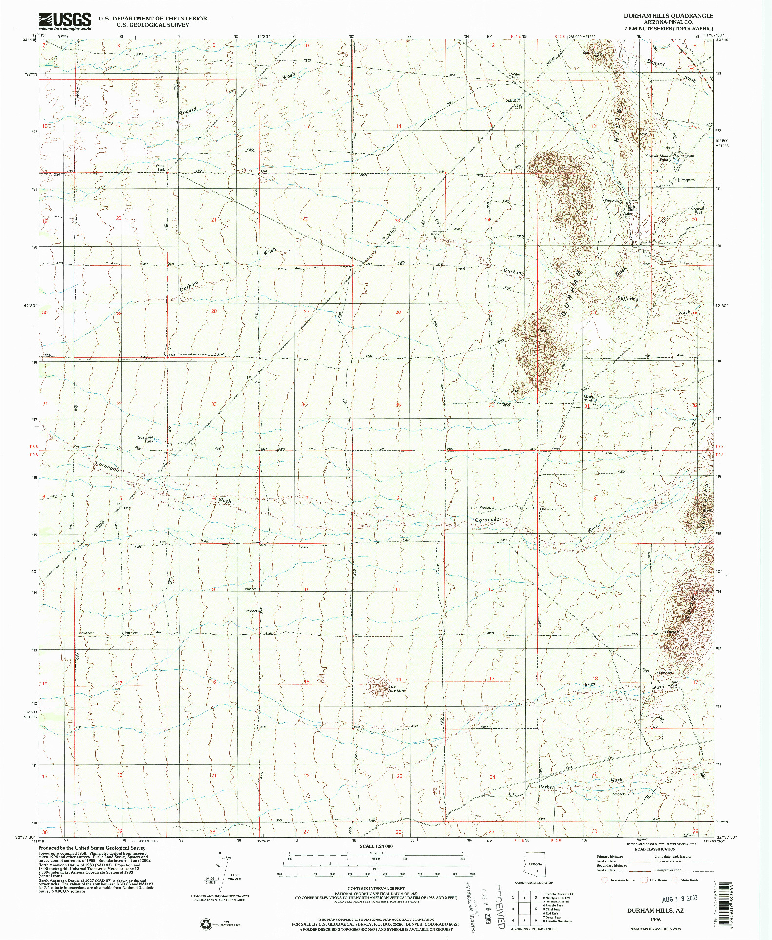 USGS 1:24000-SCALE QUADRANGLE FOR DURHAM HILLS, AZ 1996