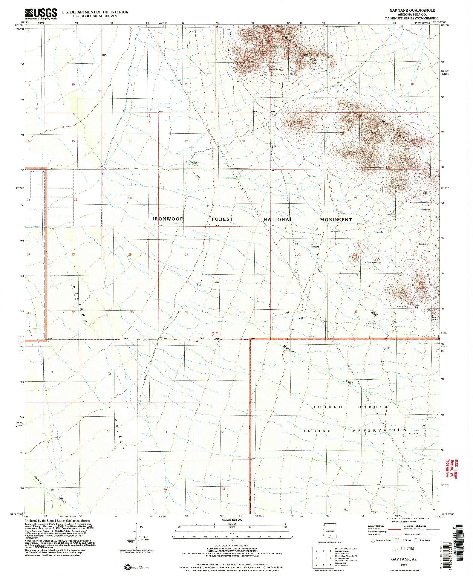 USGS 1:24000-SCALE QUADRANGLE FOR GAP TANK, AZ 1996