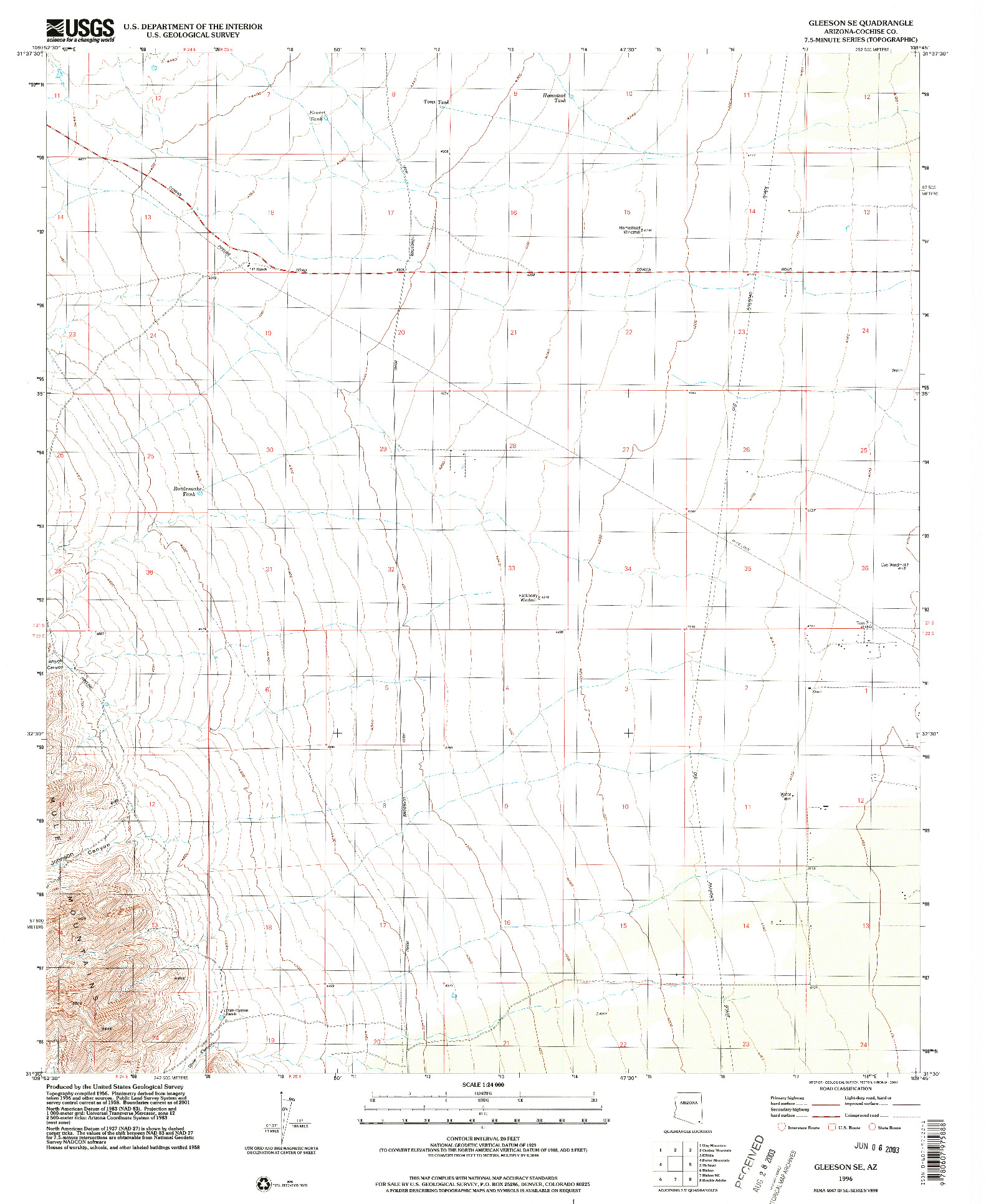 USGS 1:24000-SCALE QUADRANGLE FOR GLEESON SE, AZ 1996