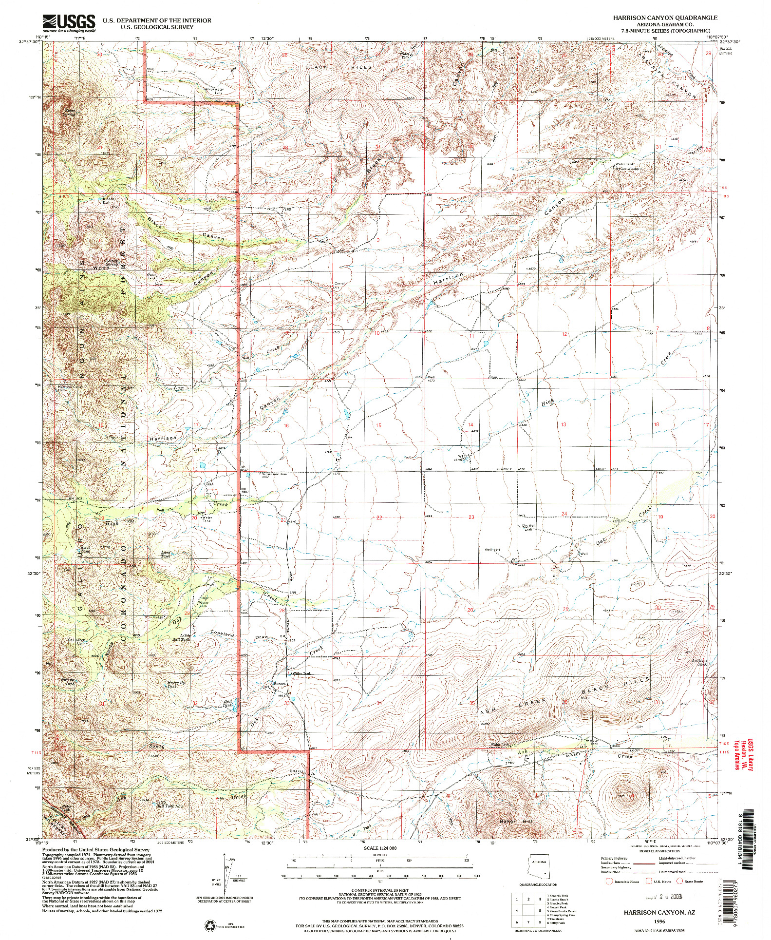 USGS 1:24000-SCALE QUADRANGLE FOR HARRISON CANYON, AZ 1996