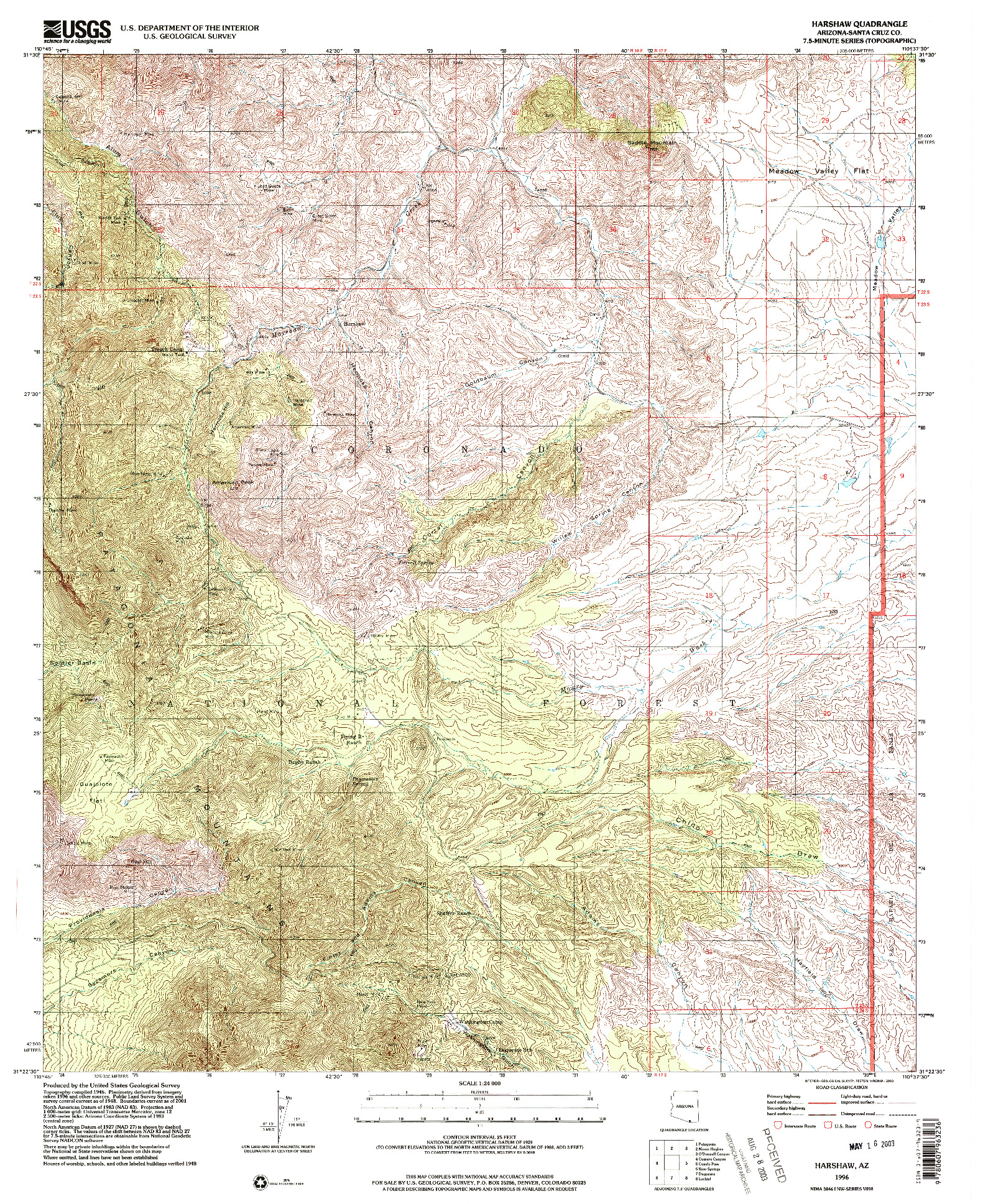 USGS 1:24000-SCALE QUADRANGLE FOR HARSHAW, AZ 1996