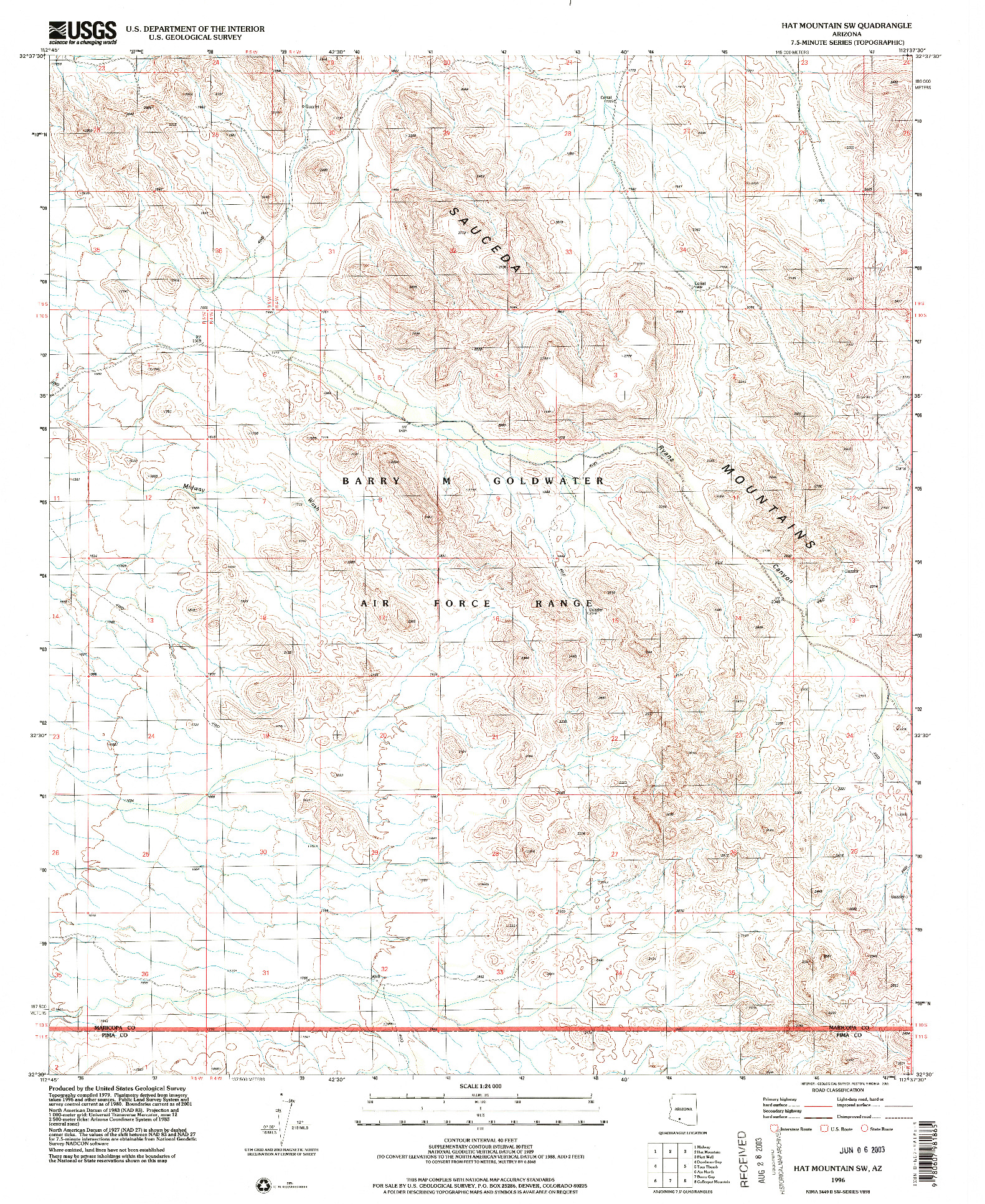 USGS 1:24000-SCALE QUADRANGLE FOR HAT MOUNTAIN SW, AZ 1996