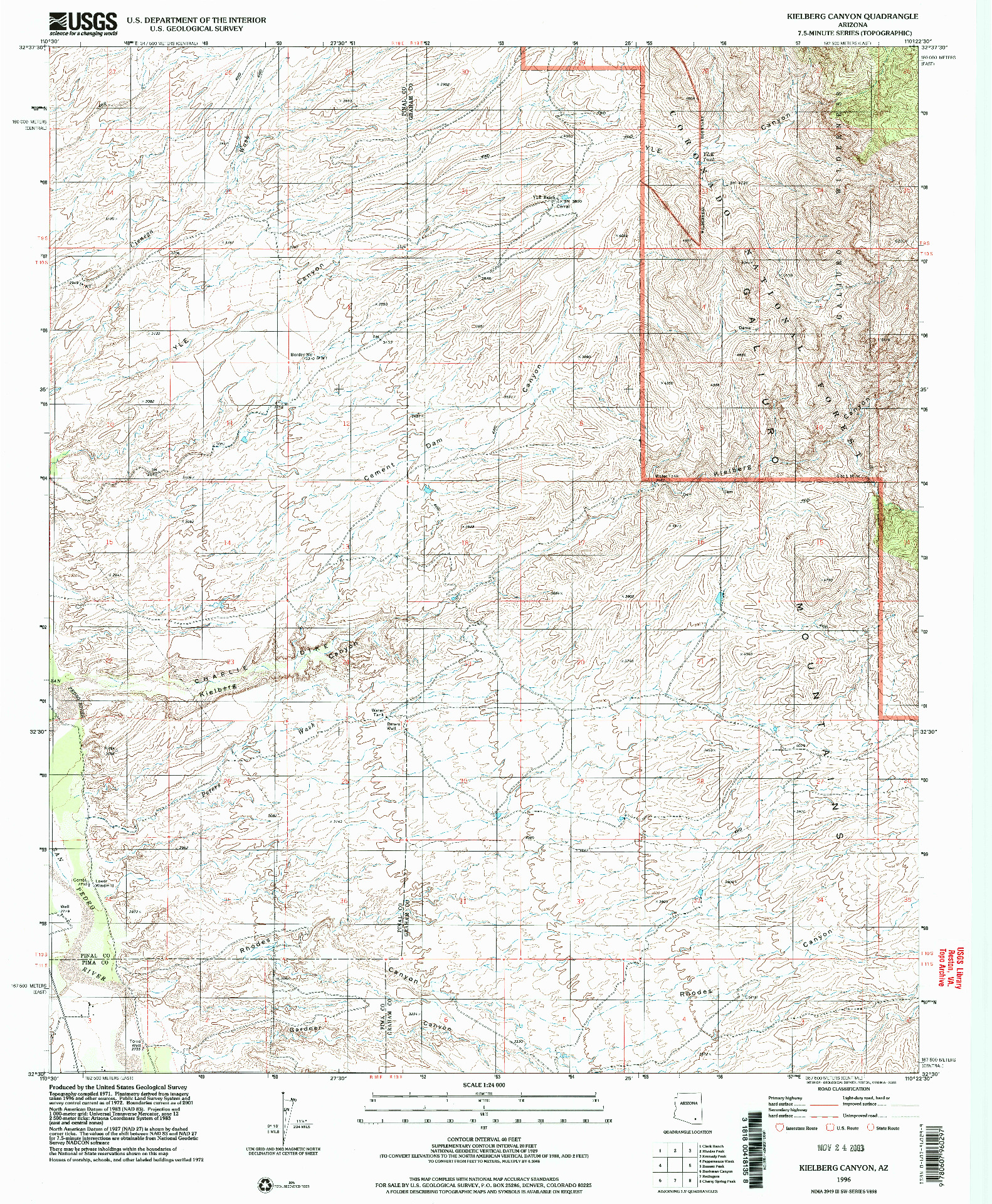 USGS 1:24000-SCALE QUADRANGLE FOR KIELBERG CANYON, AZ 1996