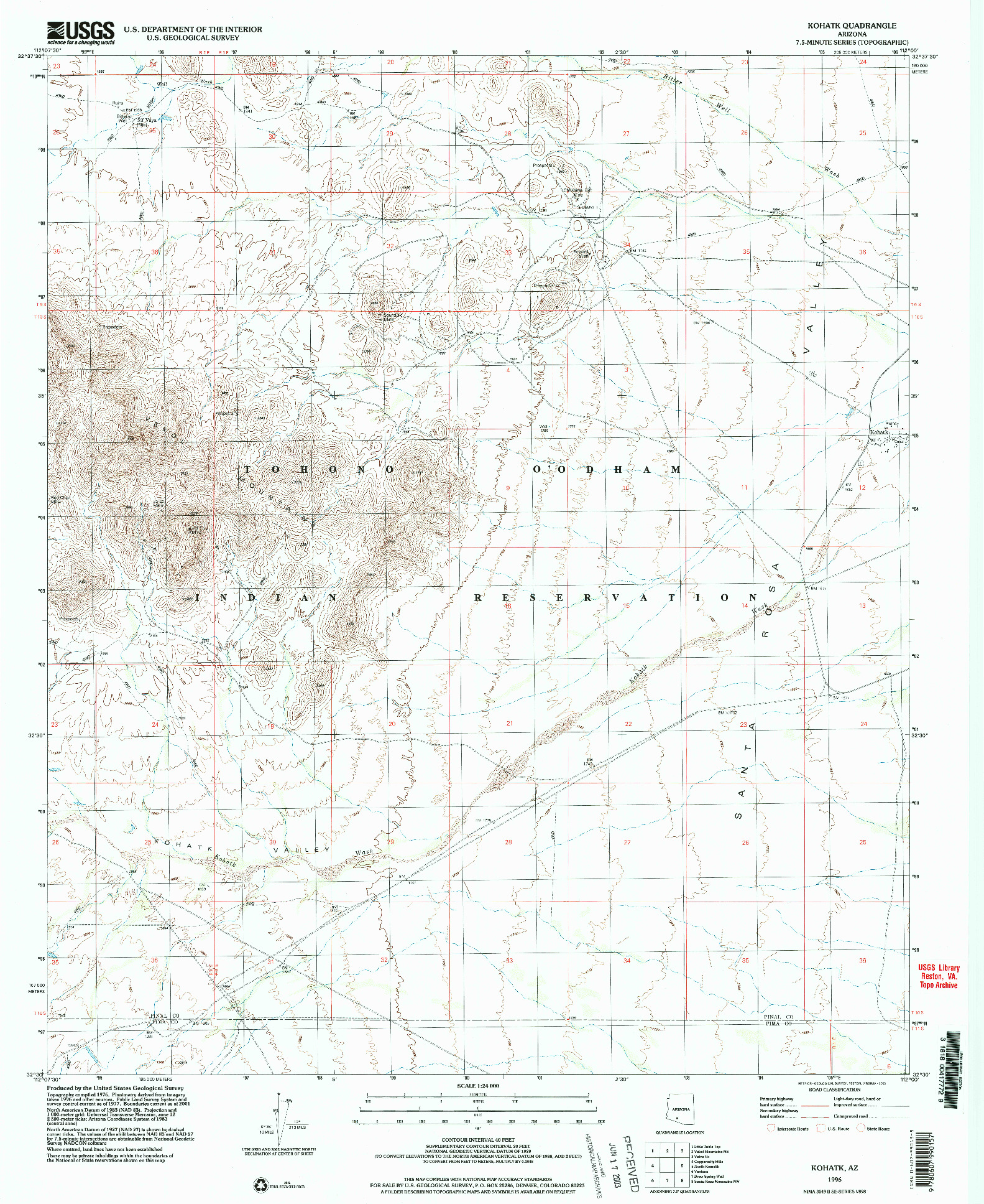 USGS 1:24000-SCALE QUADRANGLE FOR KOHATK, AZ 1996