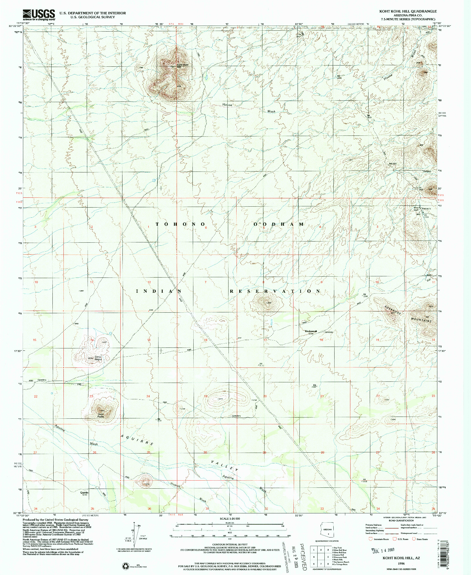 USGS 1:24000-SCALE QUADRANGLE FOR KOHT KOHL HILL, AZ 1996