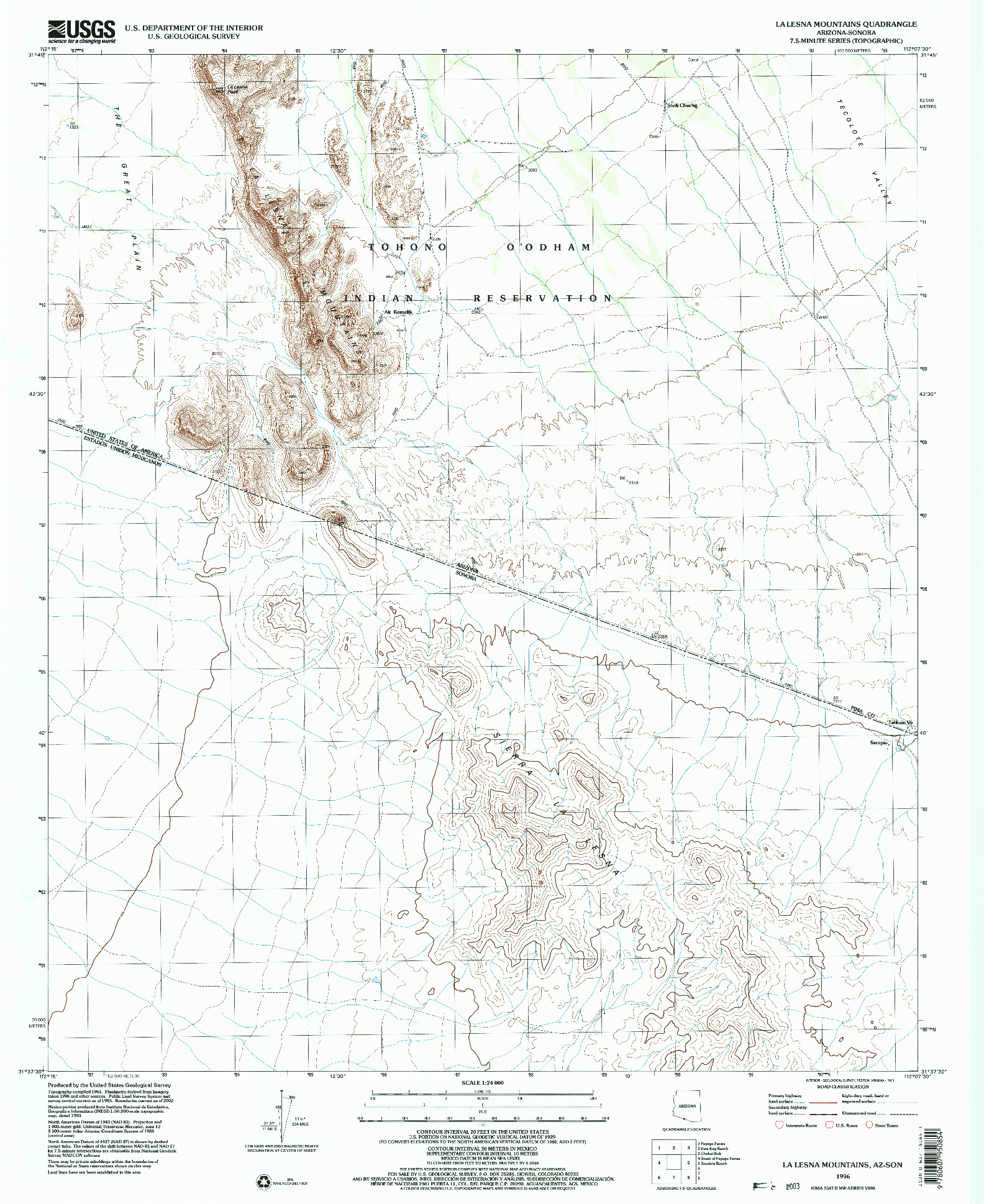 USGS 1:24000-SCALE QUADRANGLE FOR LA LESNA MOUNTAINS, AZ 1996