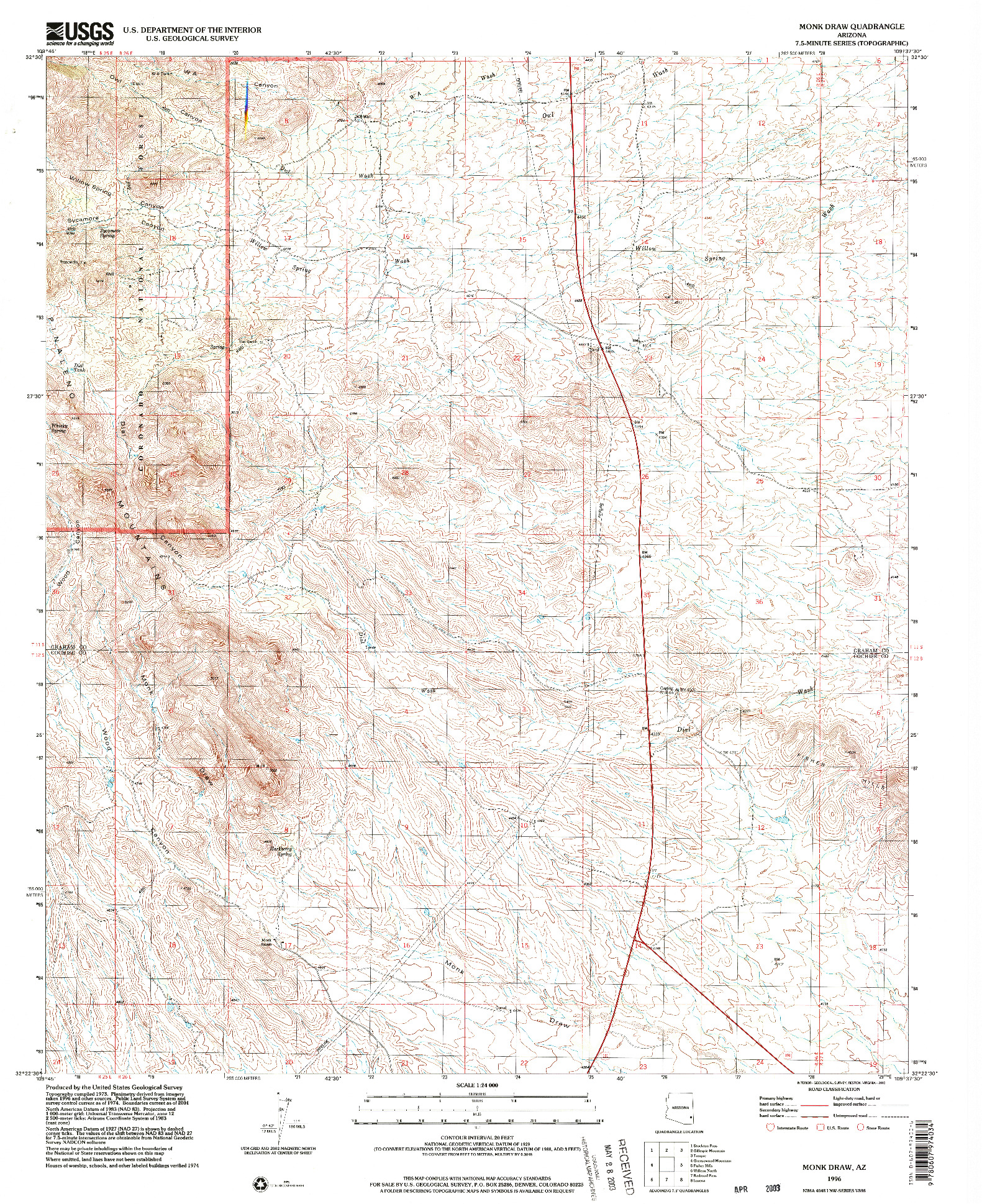 USGS 1:24000-SCALE QUADRANGLE FOR MONK DRAW, AZ 1996