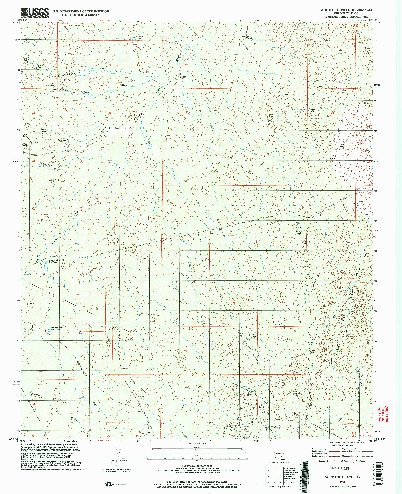 USGS 1:24000-SCALE QUADRANGLE FOR NORTH OF ORACLE, AZ 1996