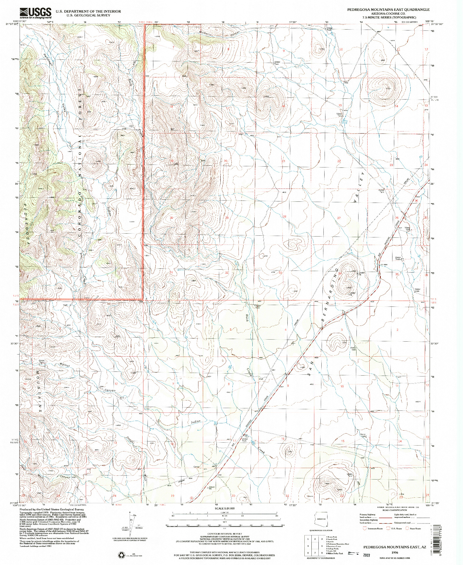 USGS 1:24000-SCALE QUADRANGLE FOR PEDREGOSA MOUNTAINS EAST, AZ 1996