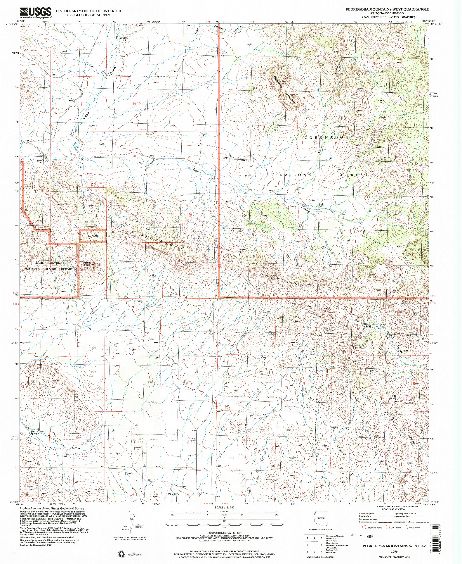 USGS 1:24000-SCALE QUADRANGLE FOR PEDREGOSA MOUNTAINS WEST, AZ 1996