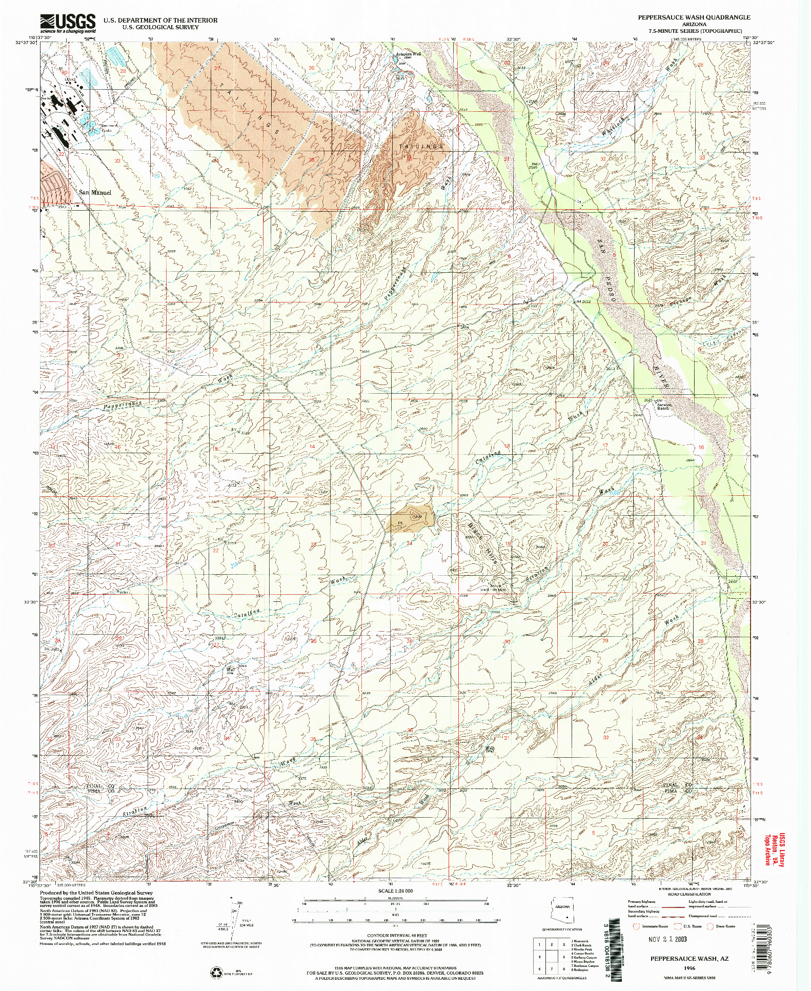 USGS 1:24000-SCALE QUADRANGLE FOR PEPPERSAUCE WASH, AZ 1996