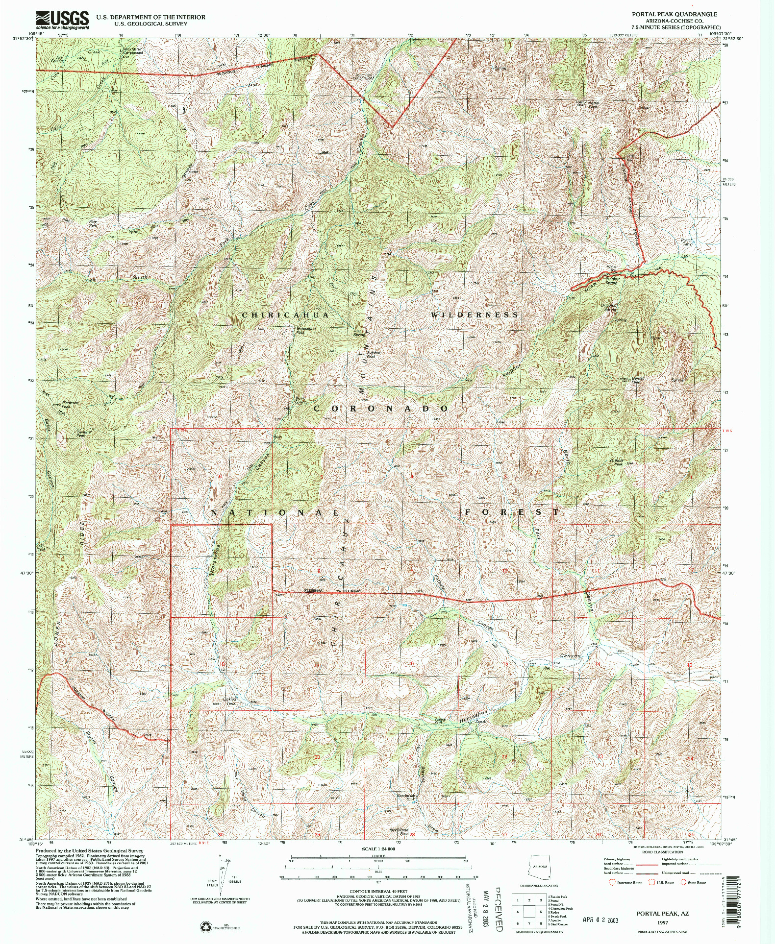 USGS 1:24000-SCALE QUADRANGLE FOR PORTAL PEAK, AZ 1997