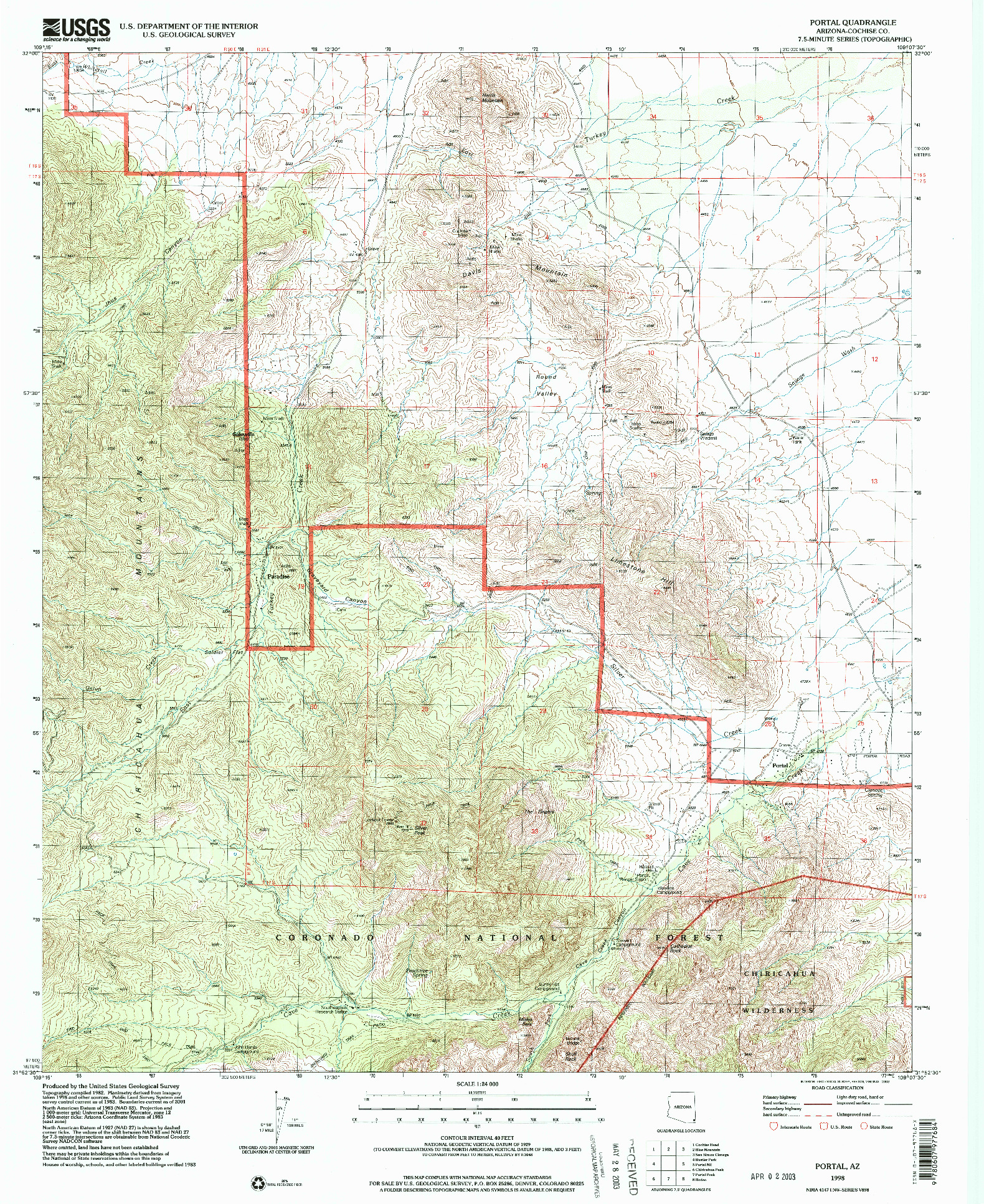 USGS 1:24000-SCALE QUADRANGLE FOR PORTAL, AZ 1998
