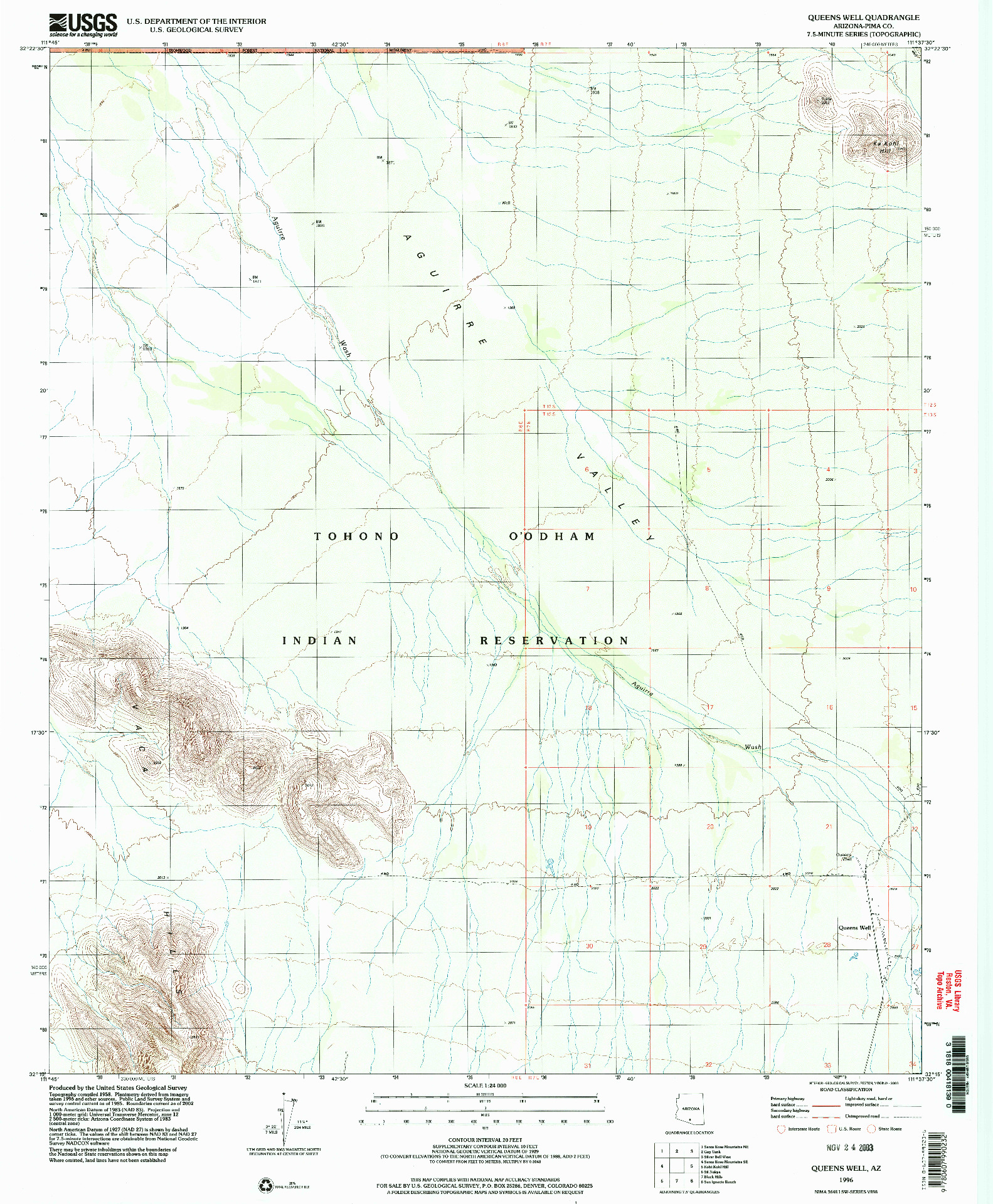 USGS 1:24000-SCALE QUADRANGLE FOR QUEENS WELL, AZ 1996