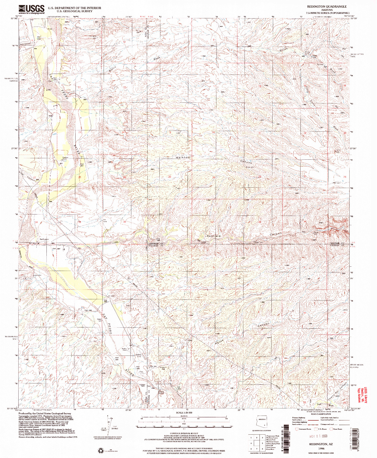 USGS 1:24000-SCALE QUADRANGLE FOR REDINGTON, AZ 1996