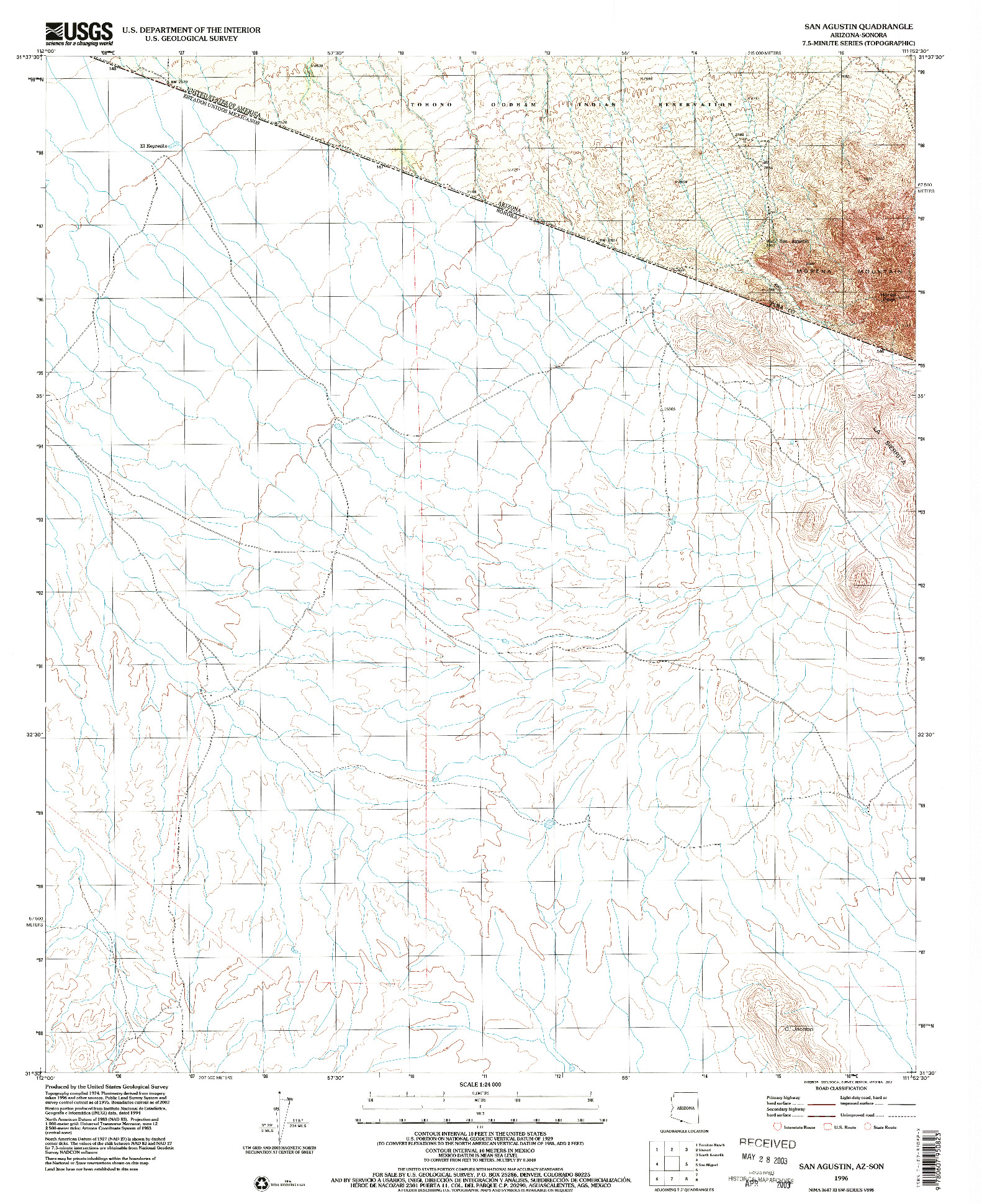 USGS 1:24000-SCALE QUADRANGLE FOR SAN AGUSTIN, AZ 1996