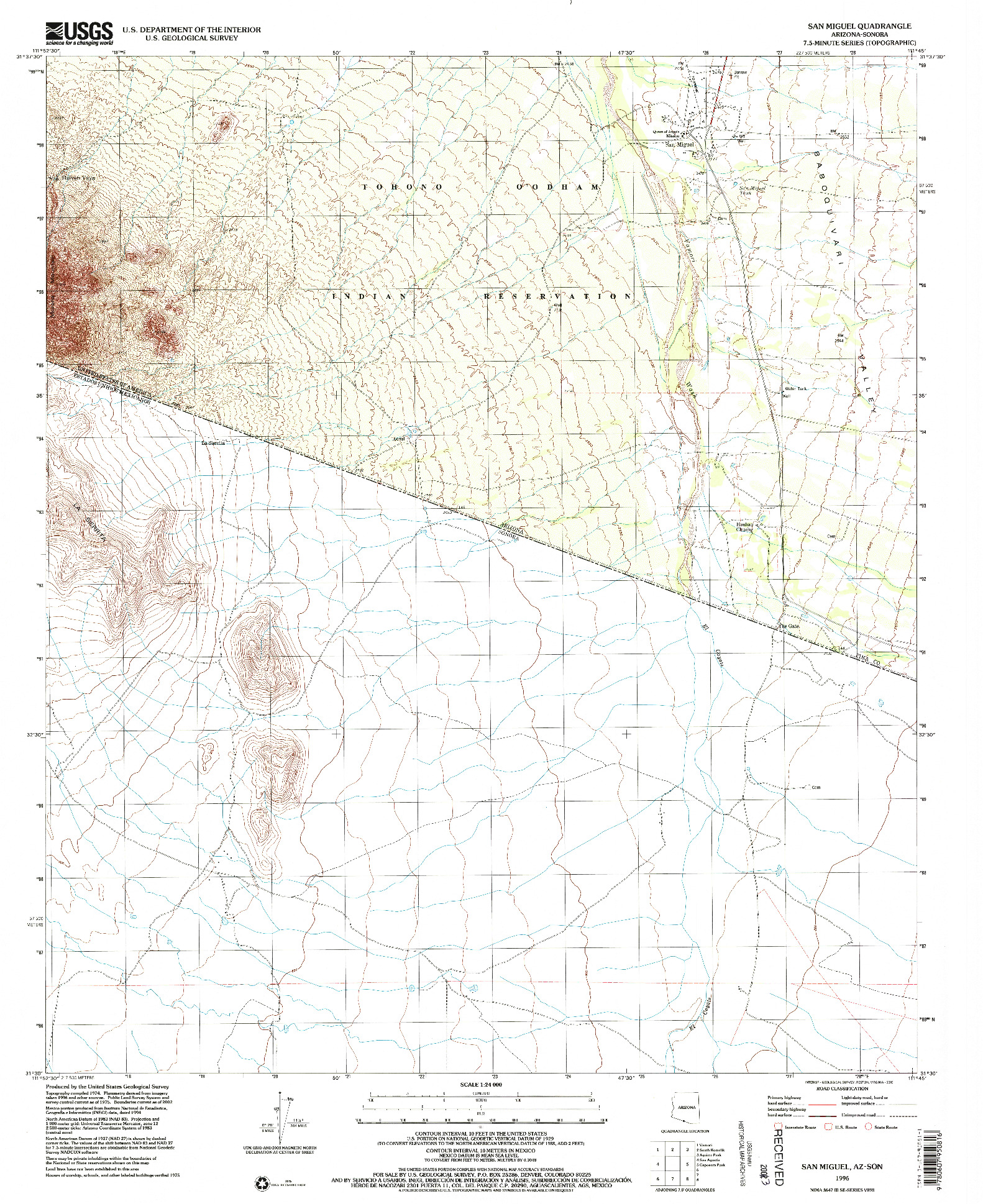 USGS 1:24000-SCALE QUADRANGLE FOR SAN MIGUEL, AZ 1996