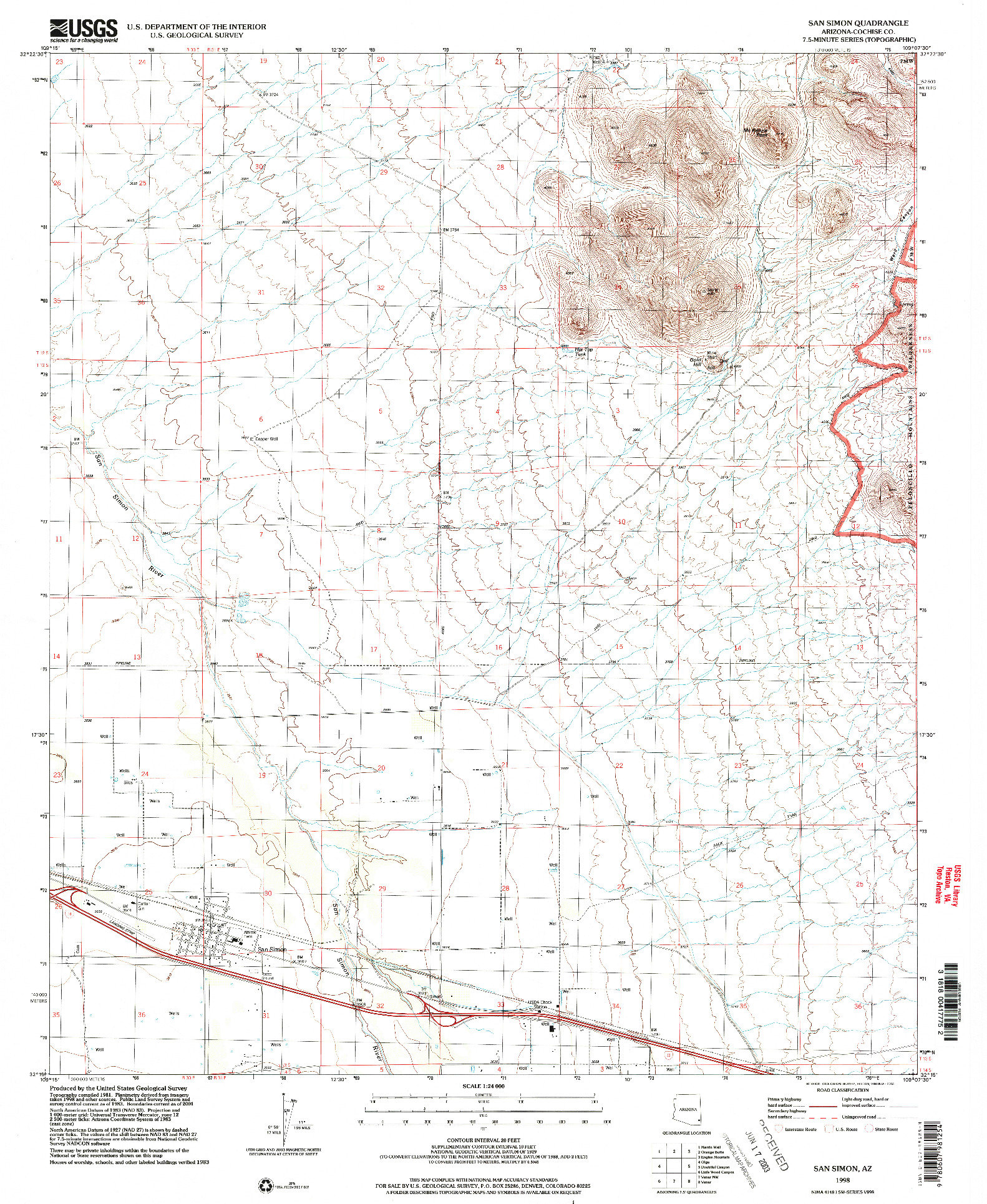 USGS 1:24000-SCALE QUADRANGLE FOR SAN SIMON, AZ 1998