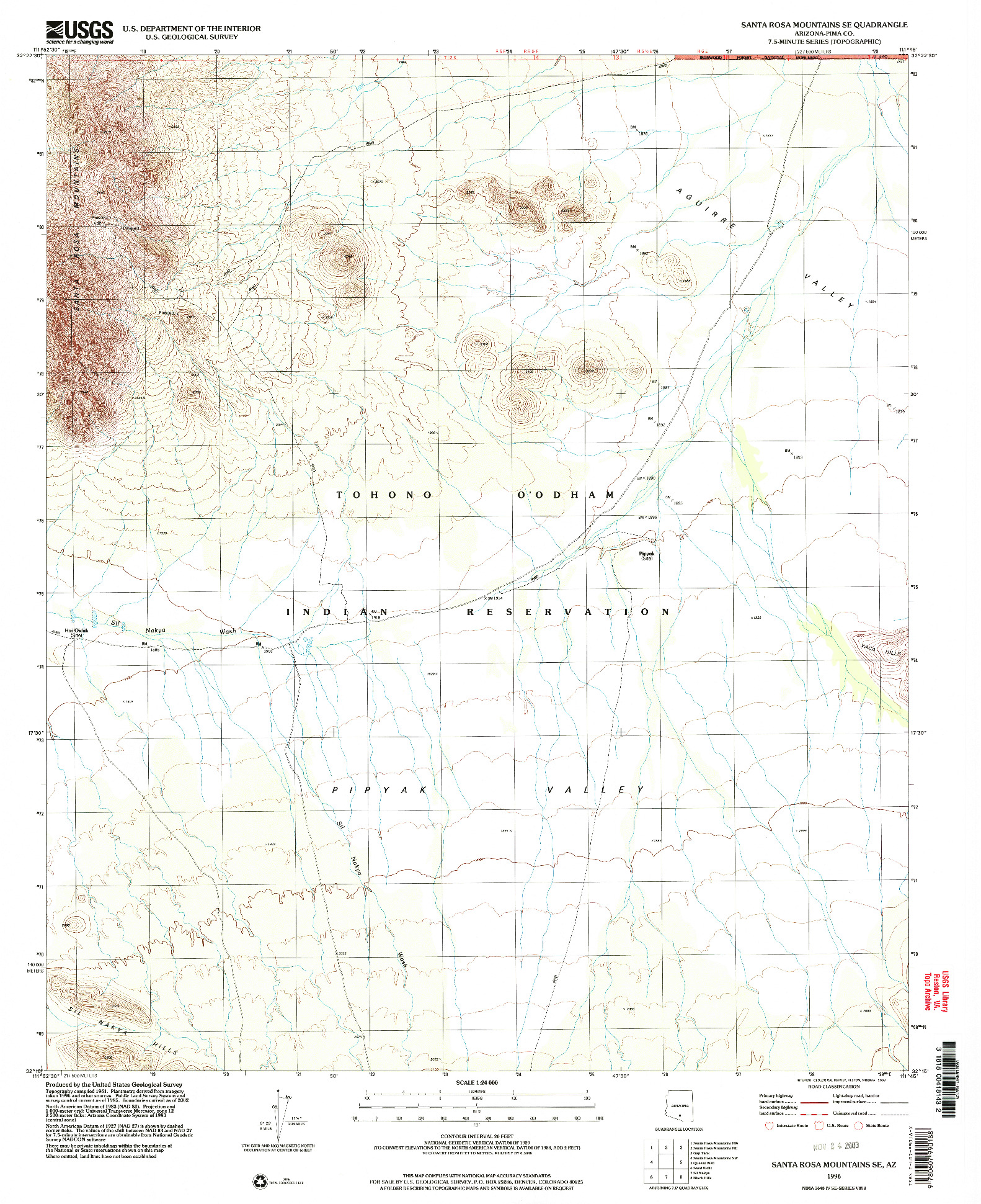 USGS 1:24000-SCALE QUADRANGLE FOR SANTA ROSA MOUNTAINS SE, AZ 1996