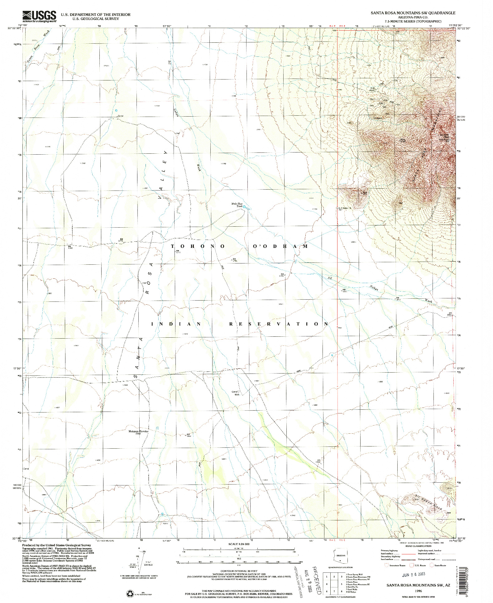 USGS 1:24000-SCALE QUADRANGLE FOR SANTA ROSA MOUNTAINS SW, AZ 1996