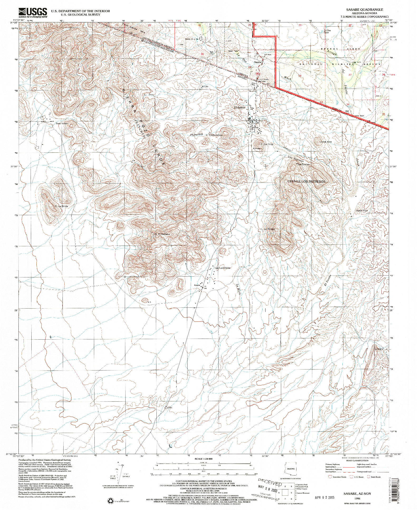 USGS 1:24000-SCALE QUADRANGLE FOR SASABE, AZ 1996