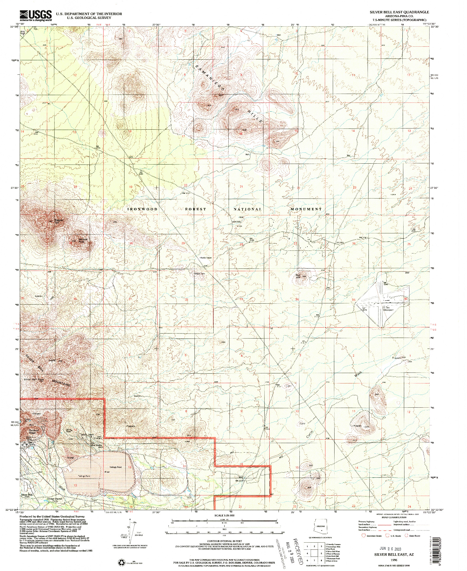 USGS 1:24000-SCALE QUADRANGLE FOR SILVER BELL EAST, AZ 1996
