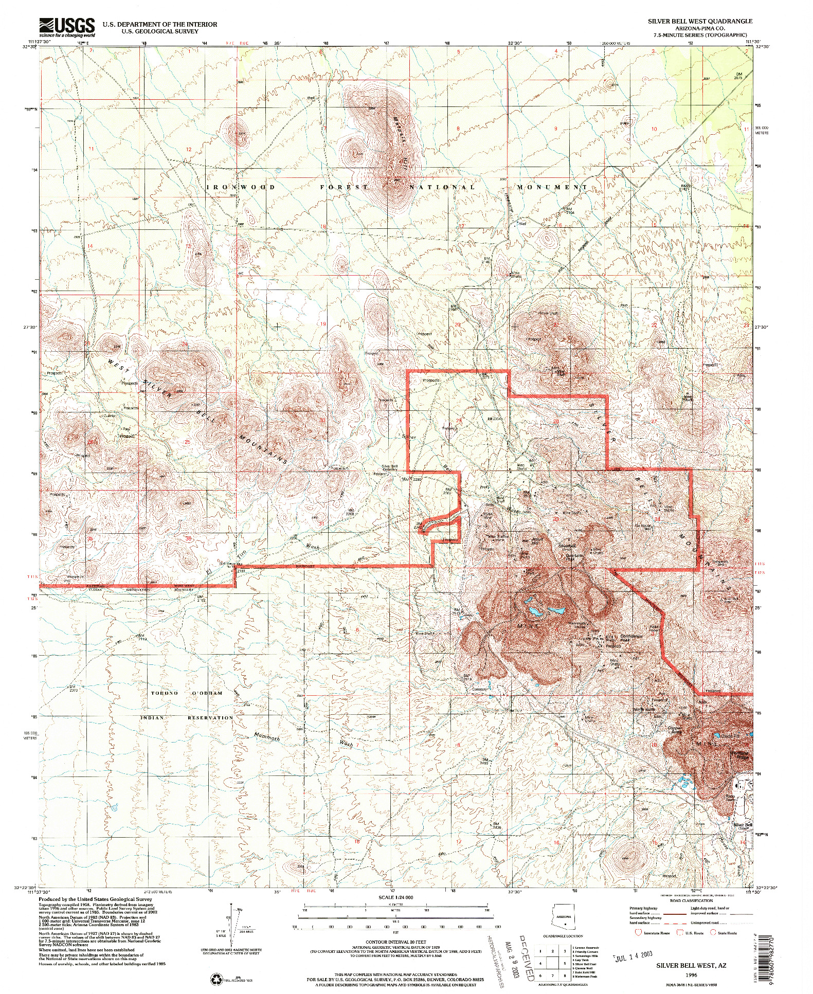 USGS 1:24000-SCALE QUADRANGLE FOR SILVER BELL WEST, AZ 1996