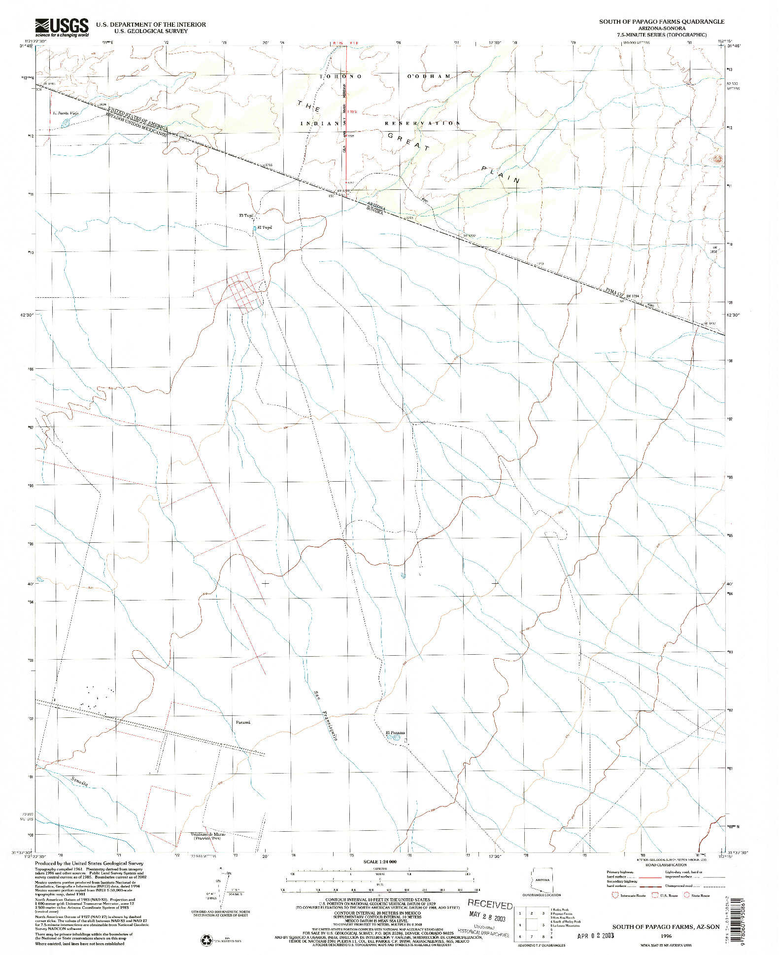 USGS 1:24000-SCALE QUADRANGLE FOR SOUTH OF PAPAGO FARMS, AZ 1996