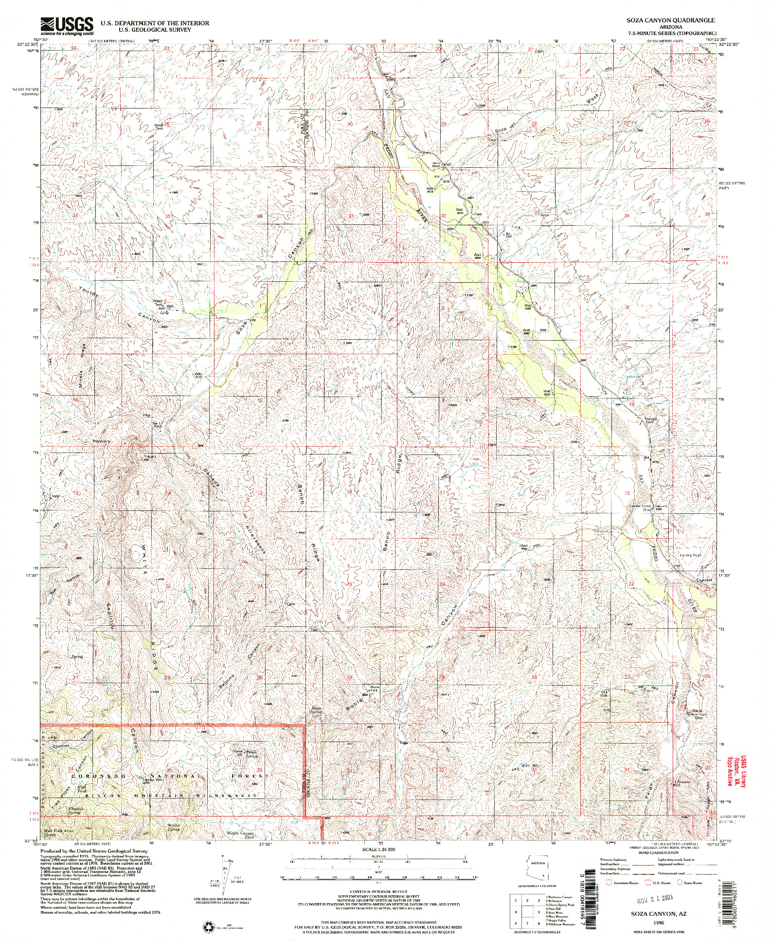 USGS 1:24000-SCALE QUADRANGLE FOR SOZA CANYON, AZ 1996