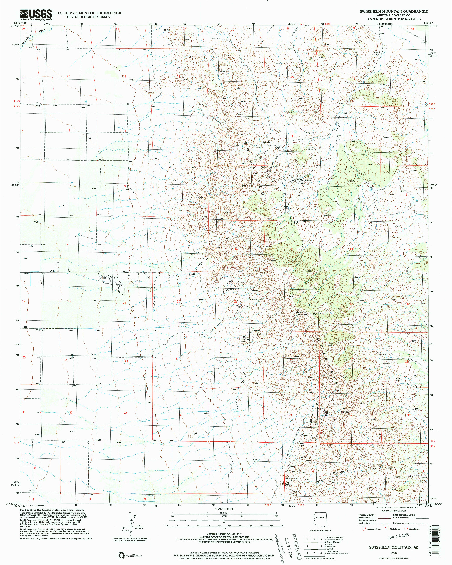 USGS 1:24000-SCALE QUADRANGLE FOR SWISSHELM MOUNTAIN, AZ 1996