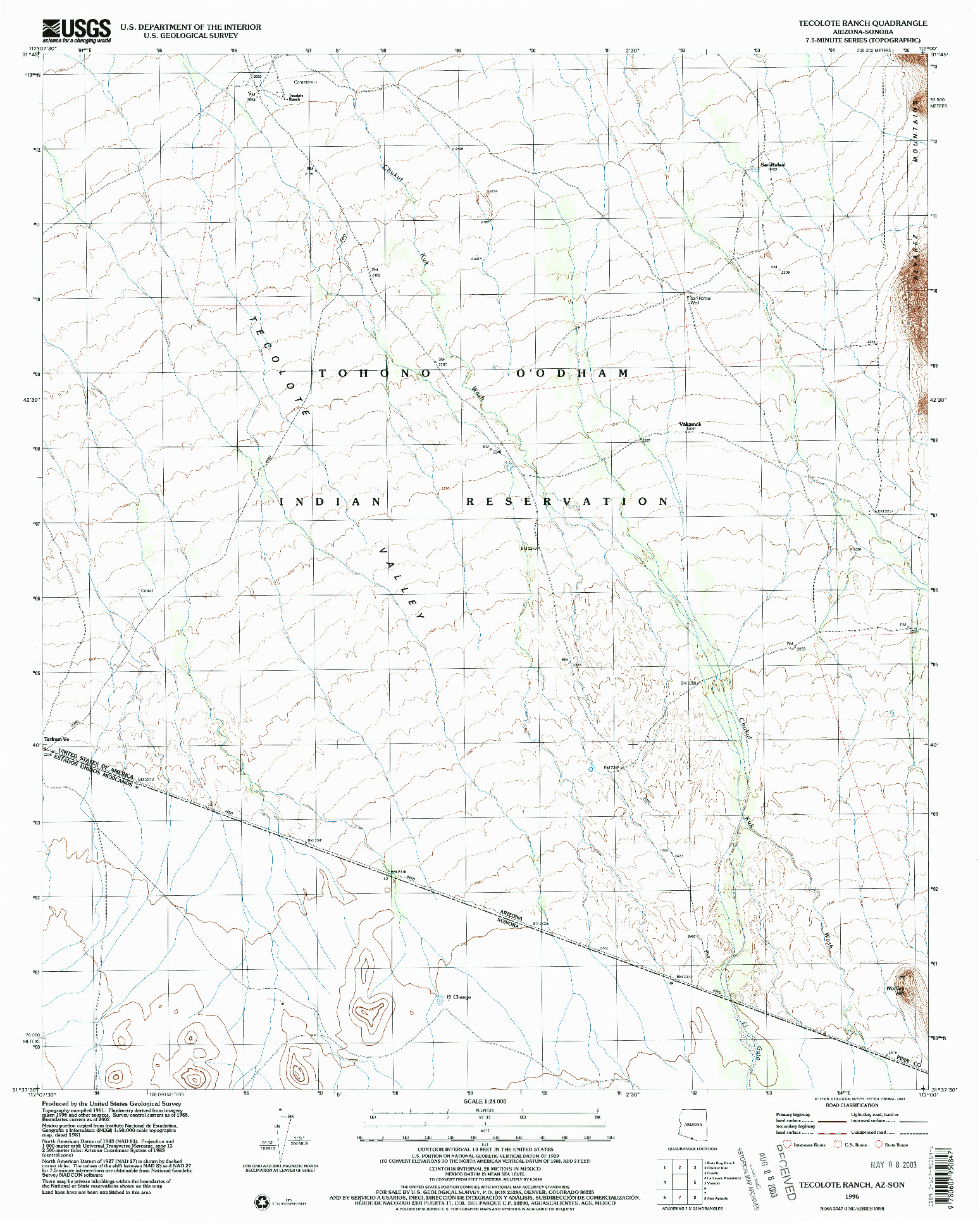USGS 1:24000-SCALE QUADRANGLE FOR TECOLOTE RANCH, AZ 1996