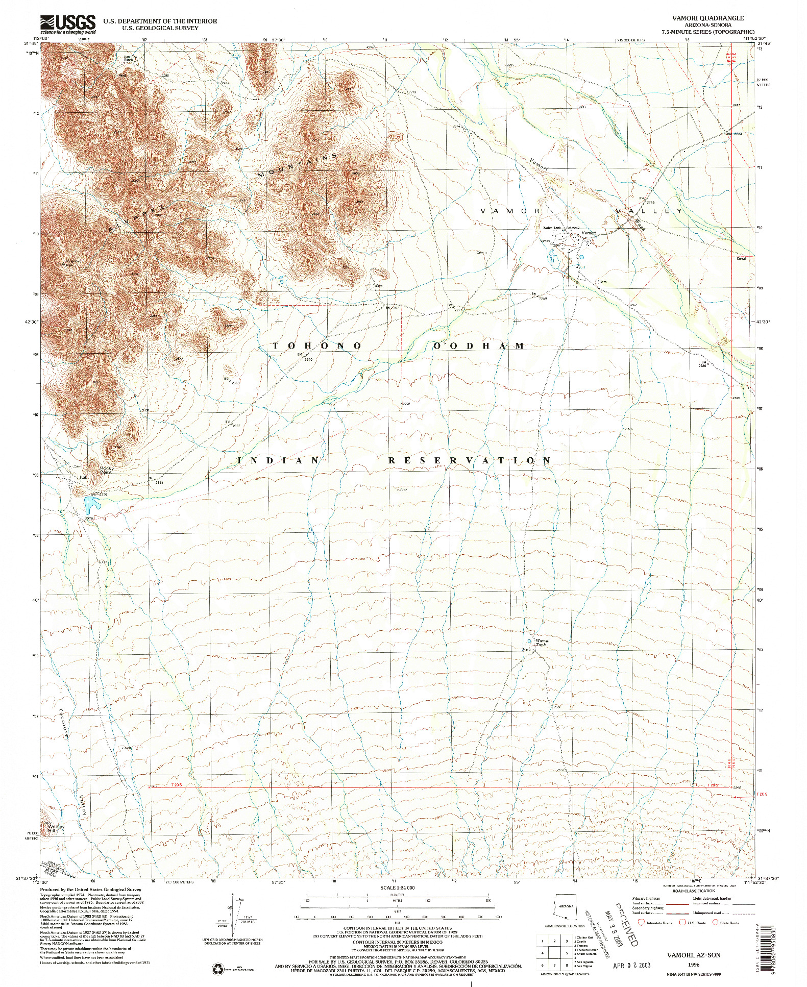 USGS 1:24000-SCALE QUADRANGLE FOR VAMORI, AZ 1996