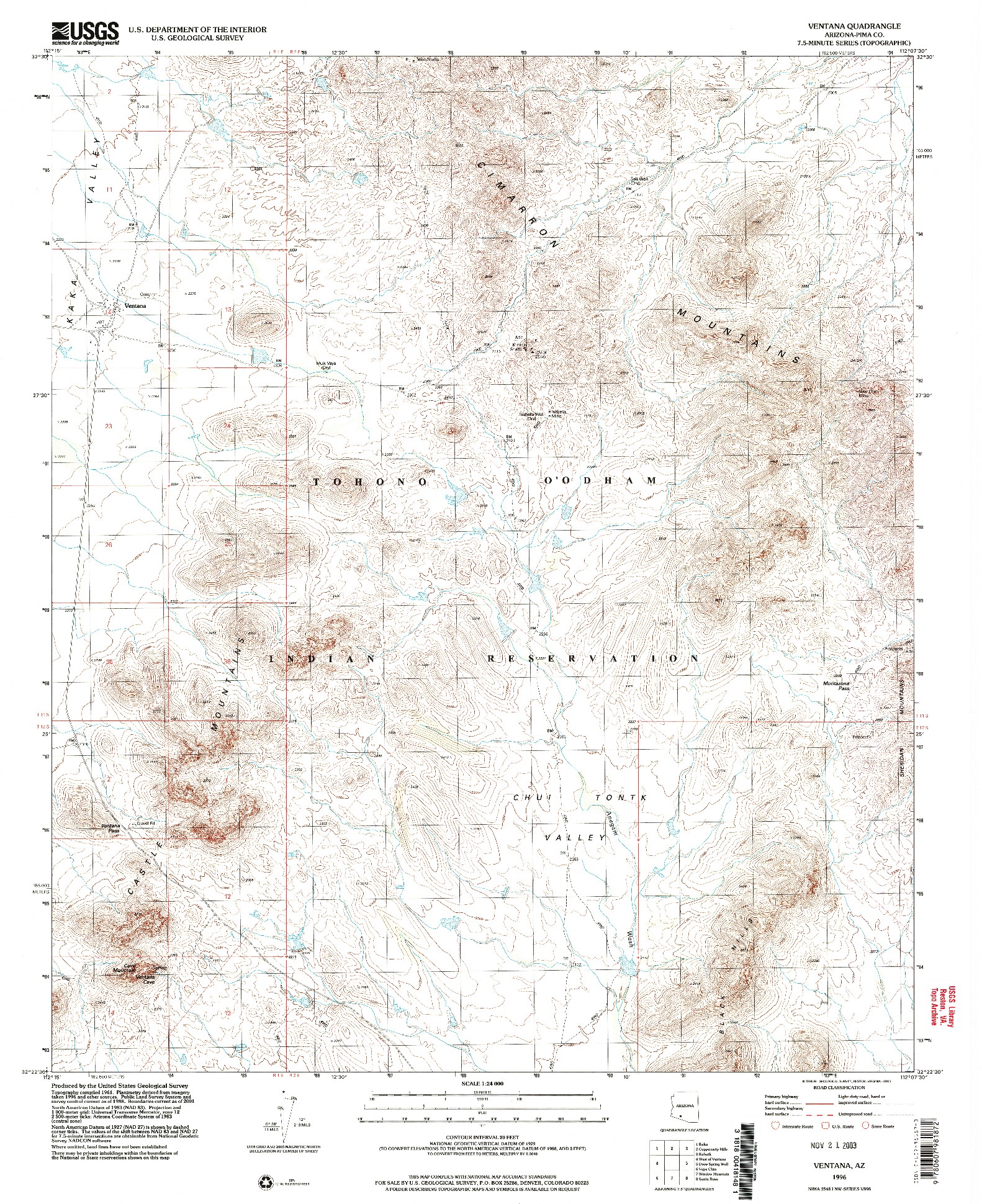 USGS 1:24000-SCALE QUADRANGLE FOR VENTANA, AZ 1996