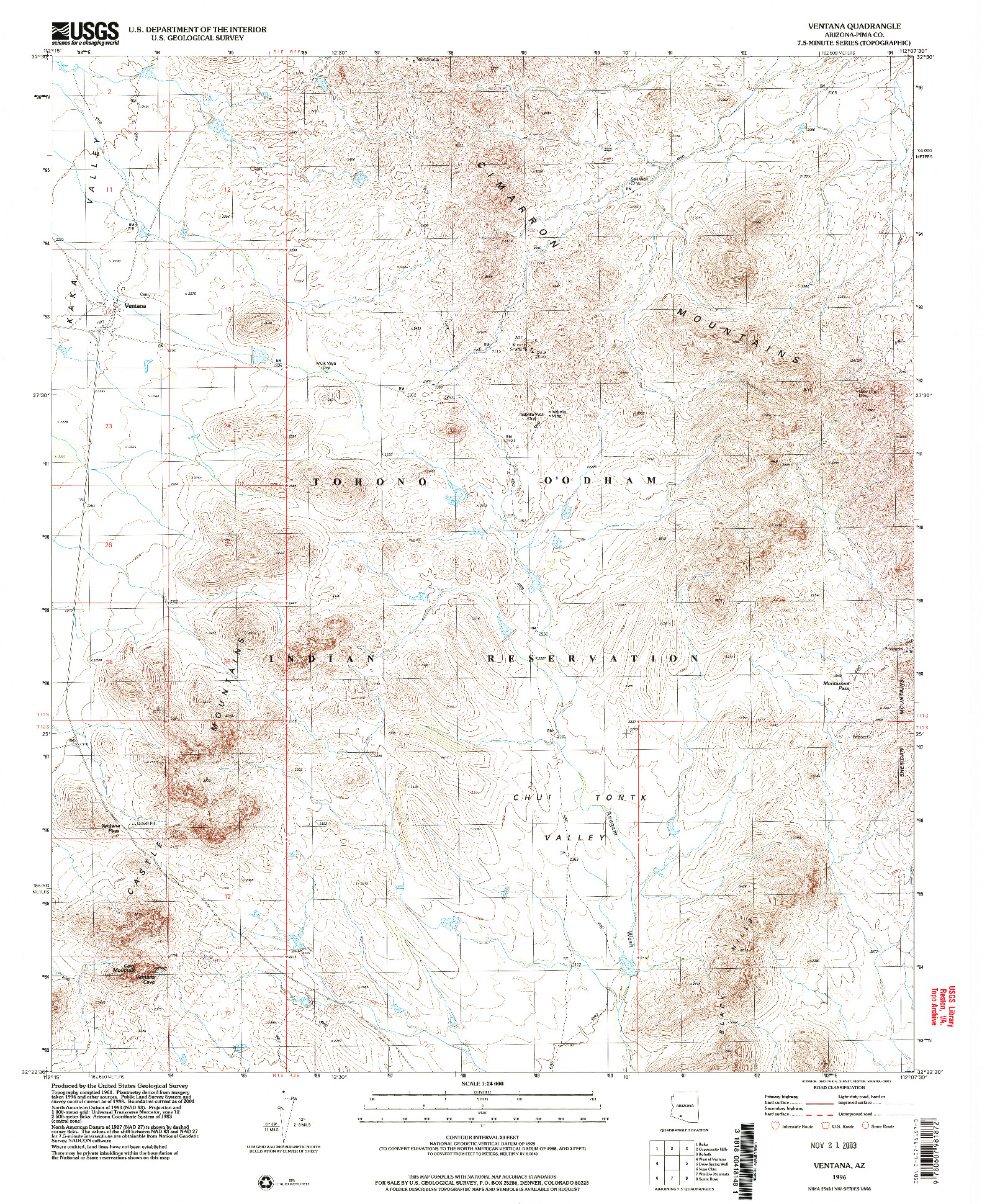 USGS 1:24000-SCALE QUADRANGLE FOR VENTANA, AZ 1996