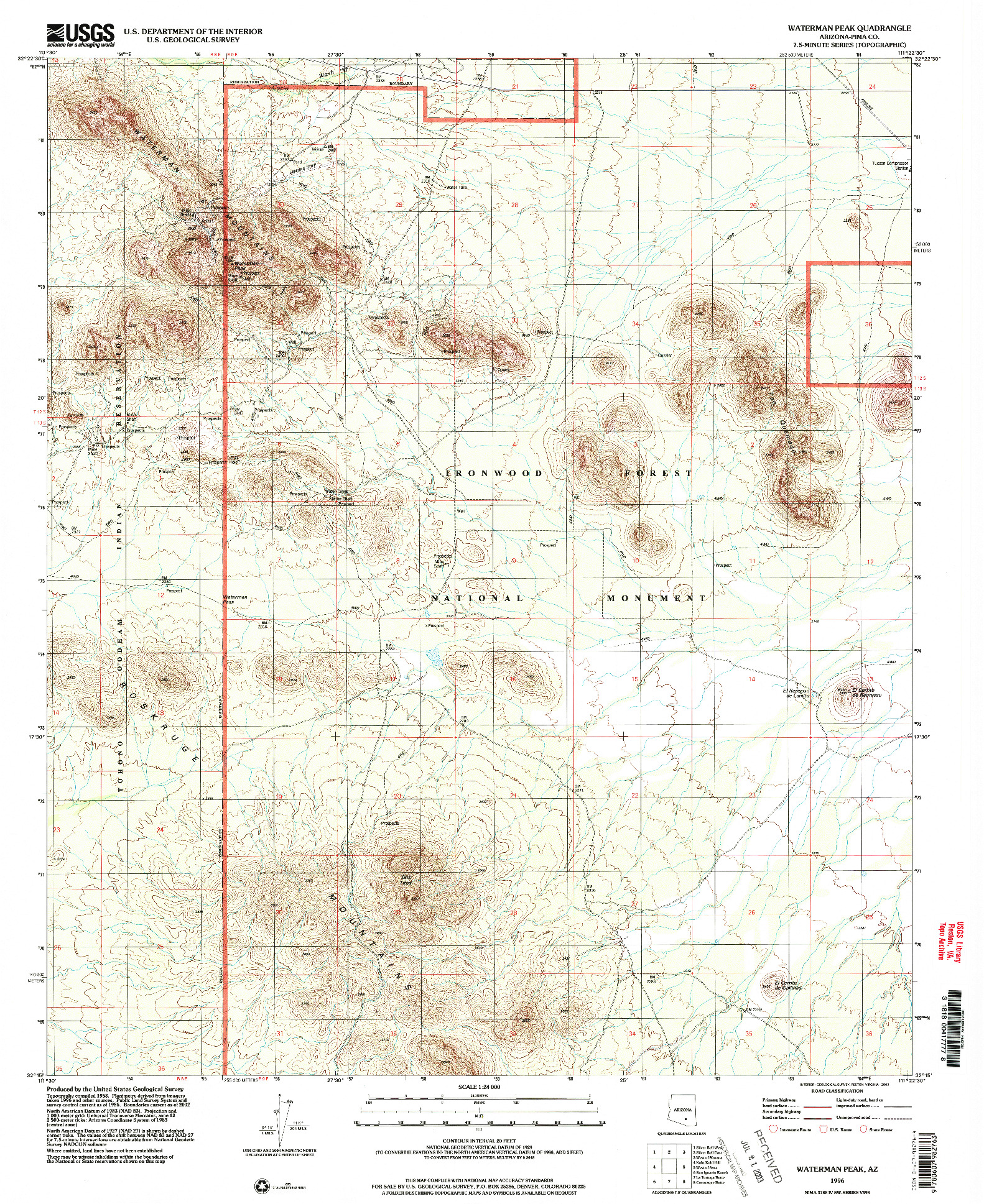 USGS 1:24000-SCALE QUADRANGLE FOR WATERMAN PEAK, AZ 1996